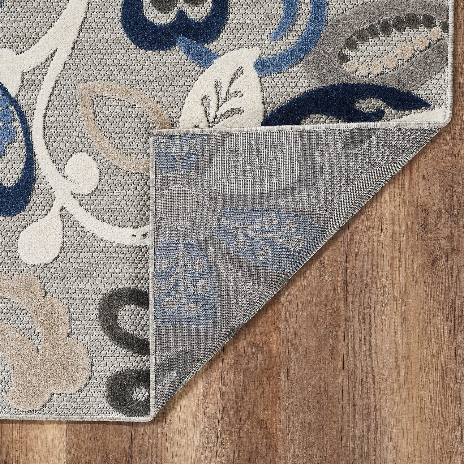 HomeRoots Grey/Blue UV-Treated Polypropylene 8’ x 10’ Blue Gray Jacobean Floral Indoor Outdoor Area Rug