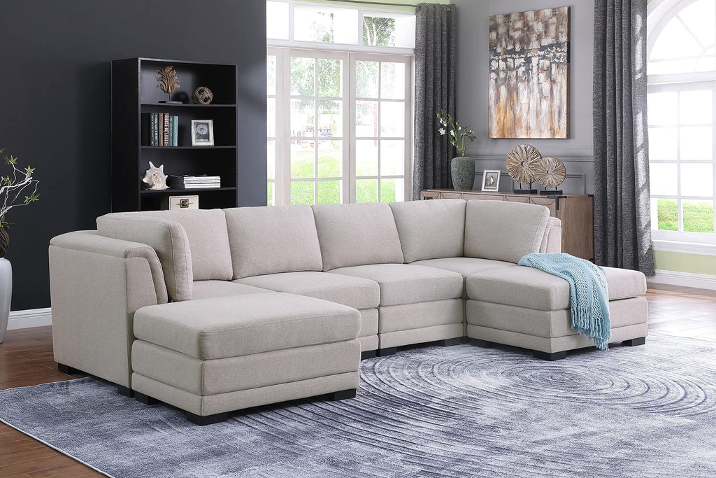 Lilola Home Kristin Light Gray Linen Fabric Reversible Sectional Sofa with 2 Ottomans