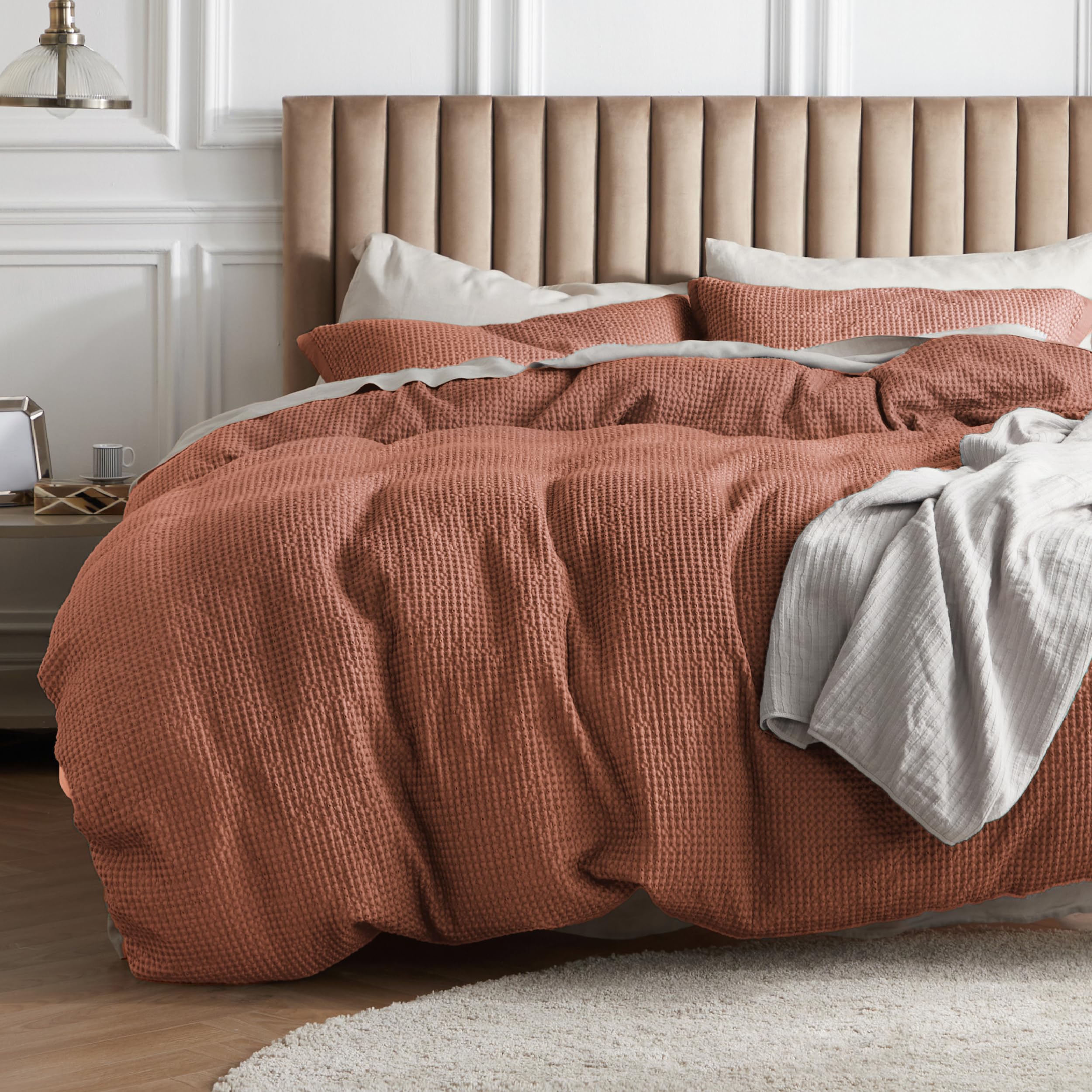 Bedsure Cotton Duvet Cover Queen - 100% Cotton Waffle Weave Aragon Red Duvet Cover Queen Size, Soft And Breathable Queen Duvet C