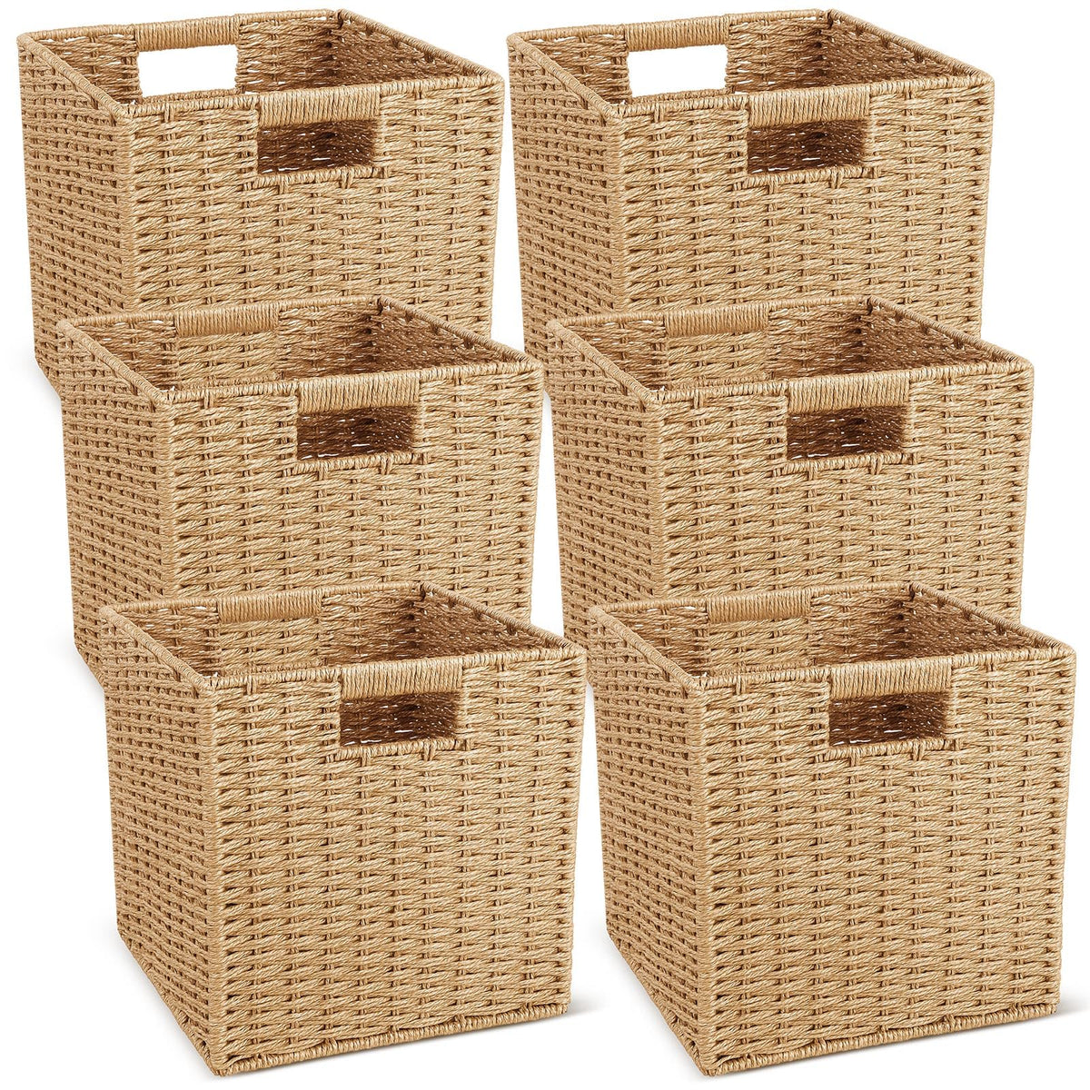 Newtay 6 Pcs Wicker Storage Baskets 13 x 13 in Cube Storage Bin Organizer Camel Square Foldable Wicker Baskets for Shelves Organ