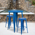 Flash Furniture Commercial Grade 30" Round Blue Metal Indoor-Outdoor Bar Table Set with 2 Square Seat Backless Stools