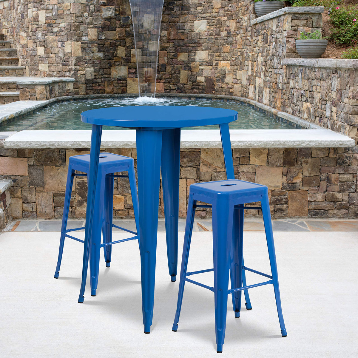 Flash Furniture Commercial Grade 30&quot; Round Blue Metal Indoor-Outdoor Bar Table Set with 2 Square Seat Backless Stools