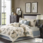 Madison Park Quincy Cozy Comforter Nature Scenery Design - All Season Bedding, Matching Bed Skirt, Decorative Pillows, Quincy, Leaf & Bird Khaki Queen(90'X90') 7 Piece
