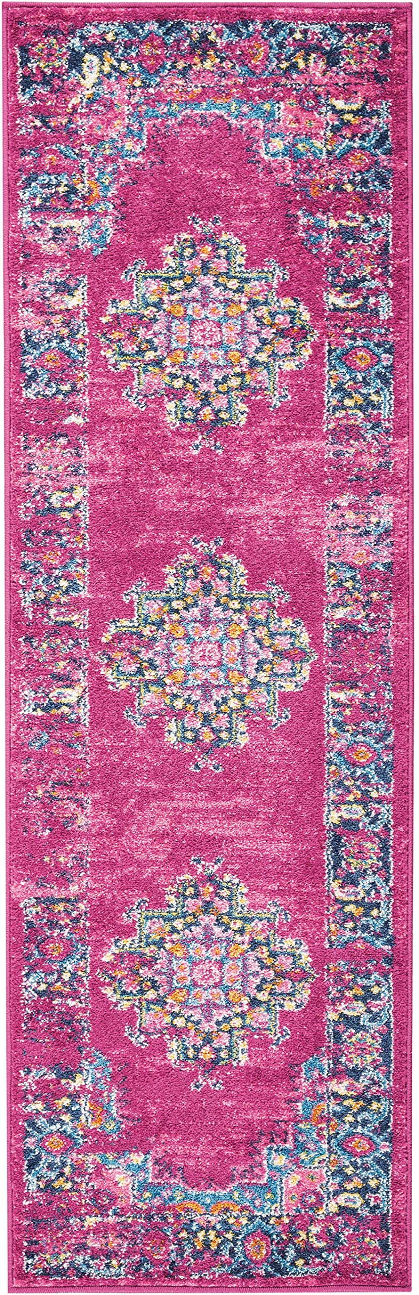 HomeRoots 100% Polypropylene 2’ x 6’ Fuchsia and Blue Distressed Runner Rug