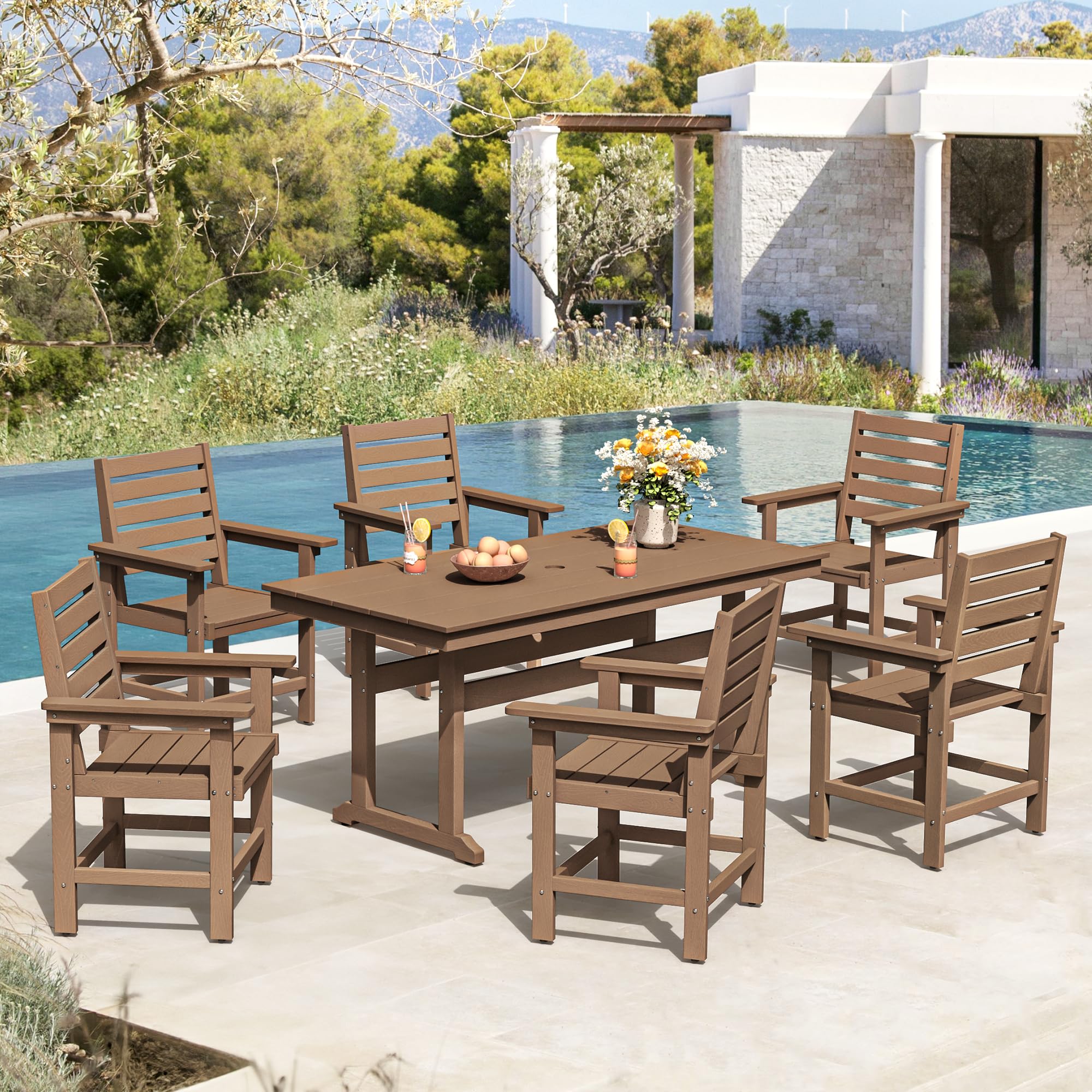 Homenjoy Patio Table and Chairs Set 7 Pieces, HDPE Weather Resistant Outdoor Dining Set with Umbrell Hole, Rectangle Outdoor Din