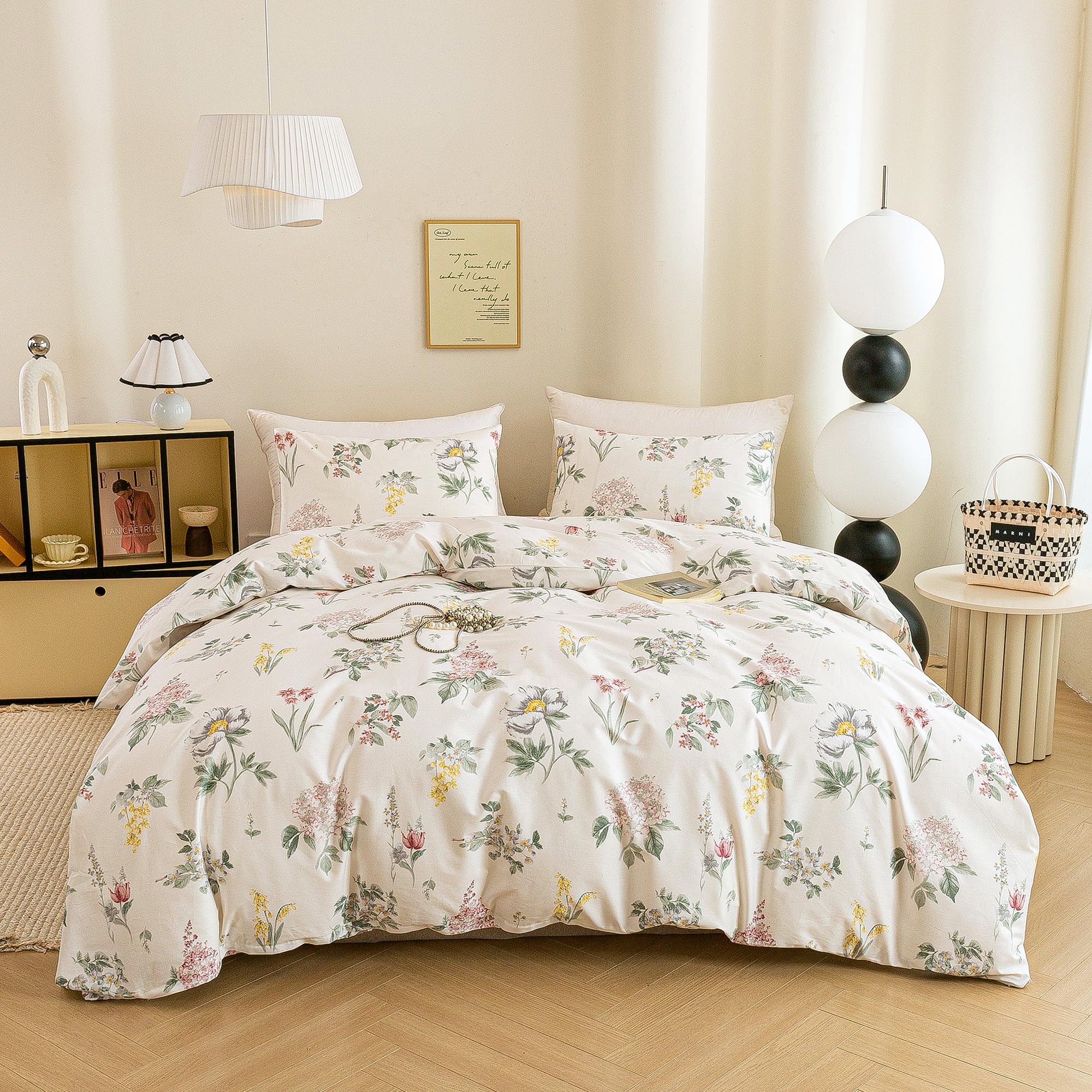 ECOCOTT Floral Duvet Cover Queen Size -100% Washed Cotton 3 Piece Bedding Set, Vintage Botanical Flower Print Comforter Cover wi