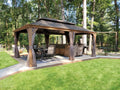 12' X 18' Hardtop Gazebo, Domi Wood Looking Aluminum Gazebo With Galvanized Steel Double Roof, Permanent Metal Gazebo Canopy Wit