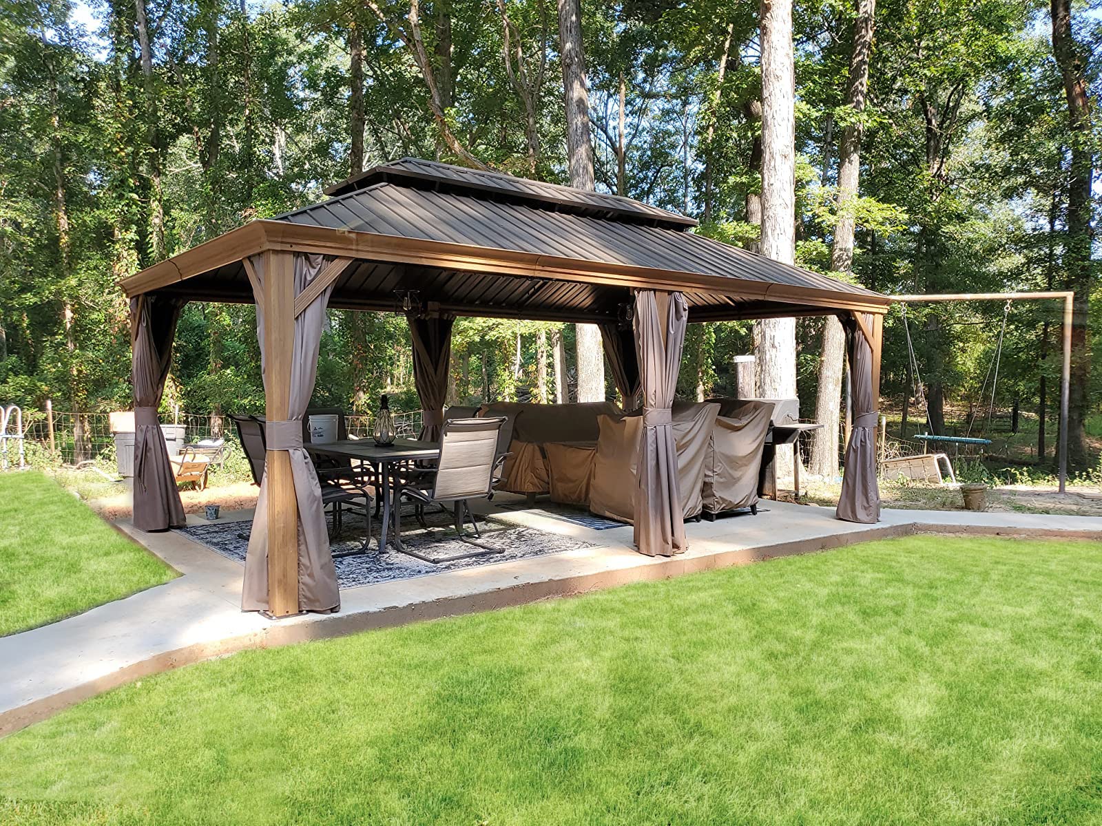 12' X 18' Hardtop Gazebo, Domi Wood Looking Aluminum Gazebo With Galvanized Steel Double Roof, Permanent Metal Gazebo Canopy Wit