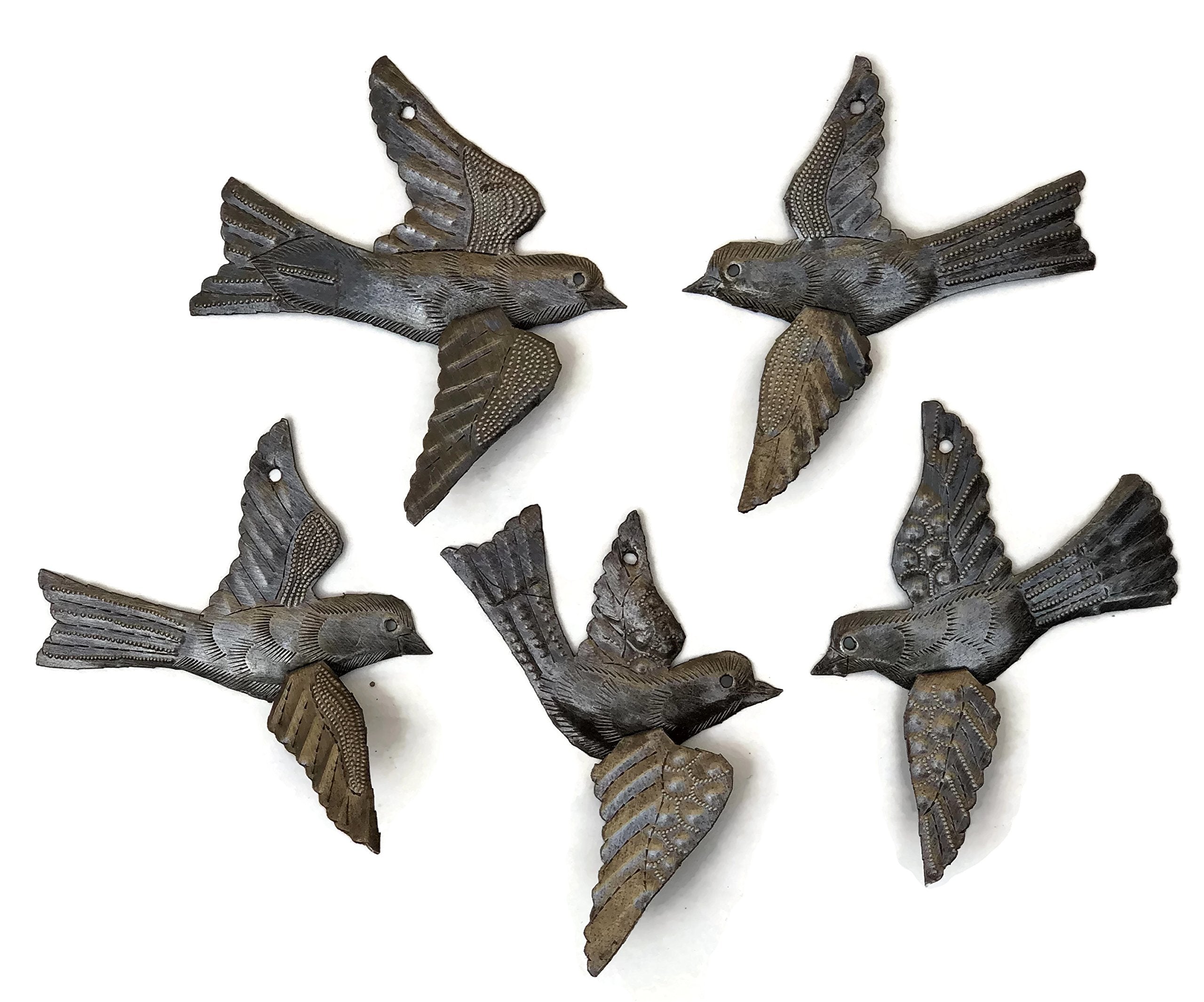 Metal Birds Wall Decorations, Set of 5 3D Wings, Small Hanging Birds, Decorative Indoor Outdoor Chirping Birds, Handmade in Hait