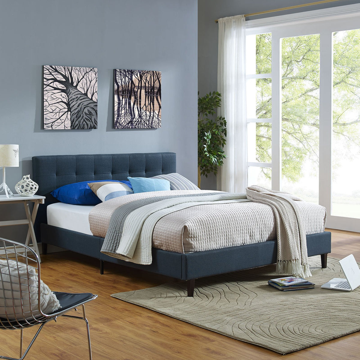 Modway Linnea Upholstered Azure Queen Platform Bed With Wood Slat Support