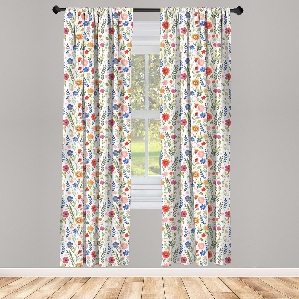 Ambesonne Watercolor Curtains, Floral Patterned Illustration Leaves And Wildflowers Abstract Botanical, Window Treatments 2 Pane