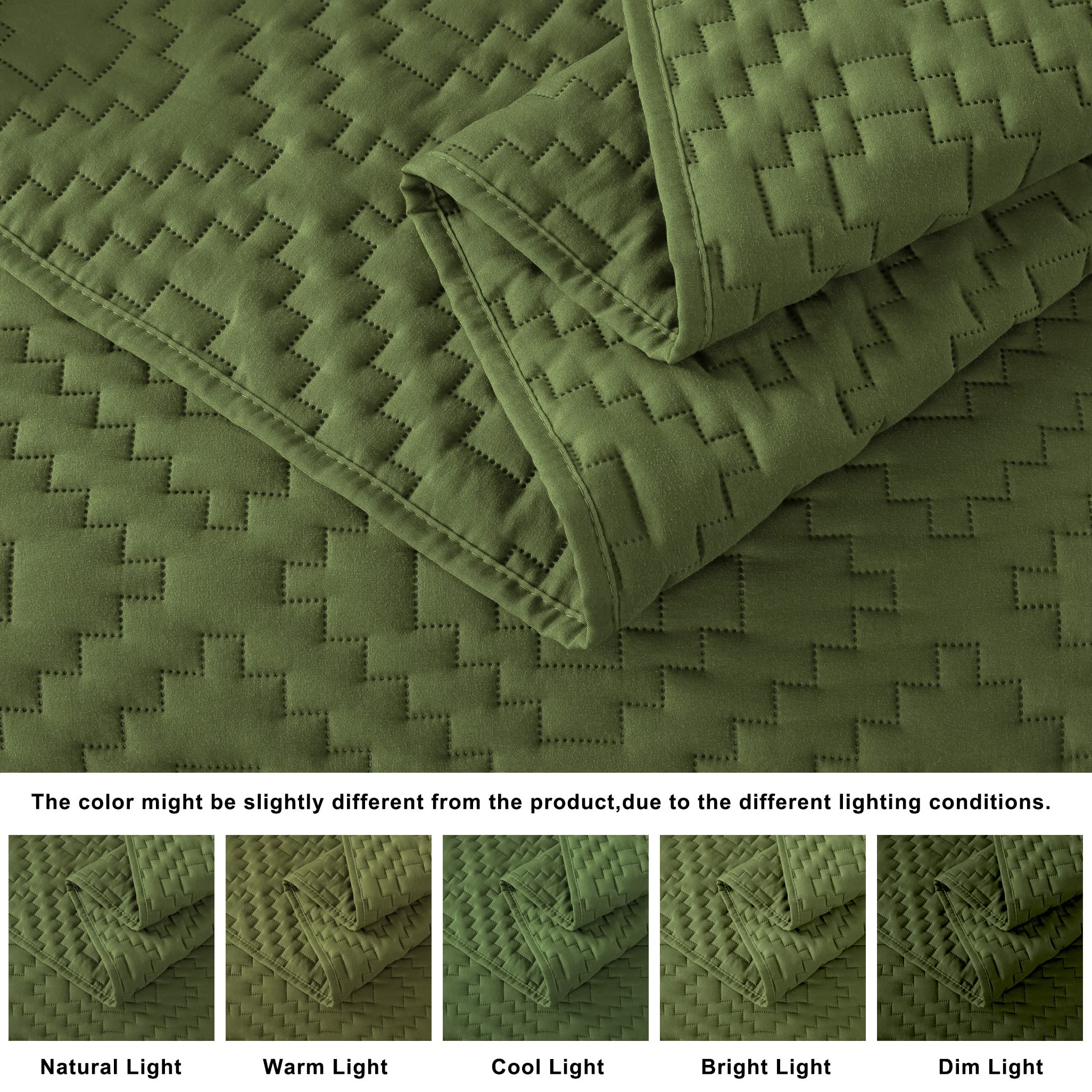 Olive Green Queen Size Quilt Bedding Sets With Pillow Shams, Boho Dark Sage Lightweight Soft Bedspread Coverlet, Quilted Blanket
