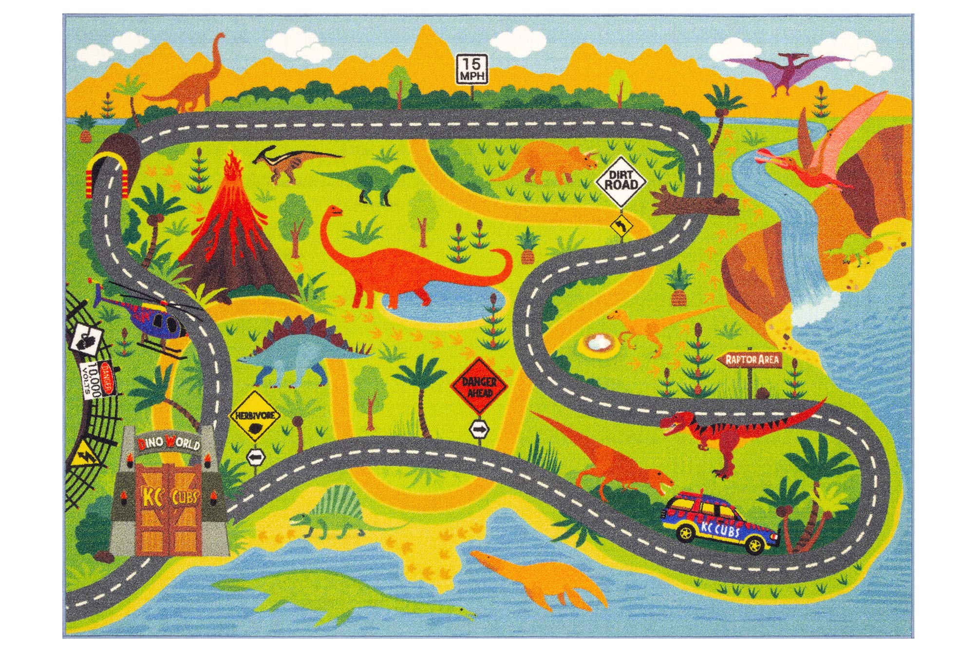 Kc Cubs Playtime Collection Dinosaur Dino Safari Road Map Educational Learning & Game Area Rug Carpet For Kids And Children Bedr