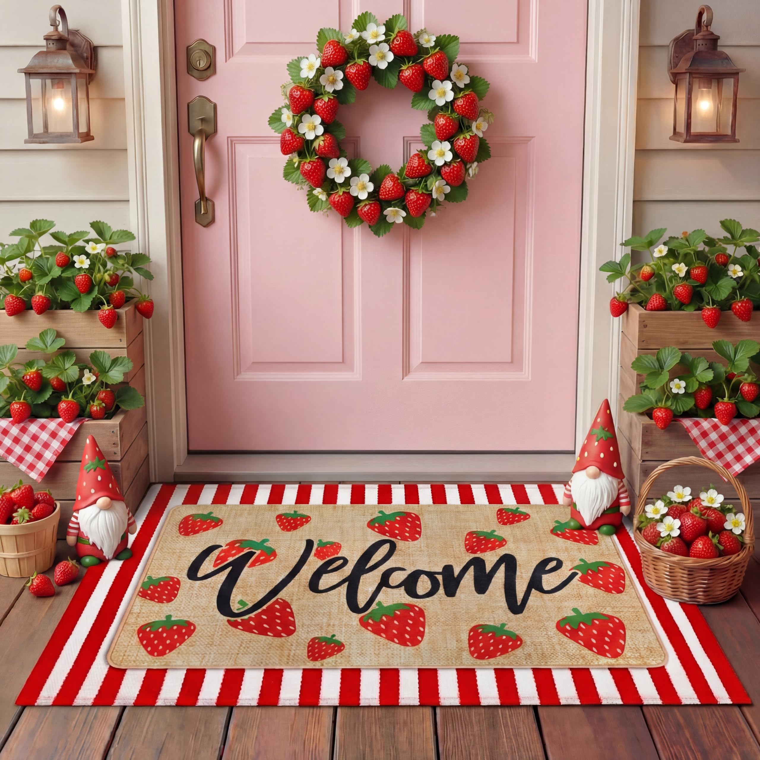 Tinideya 2 Pcs Strawberry Layered Door Mats Outdoor Cute Summer Strawberry Welcome Front Door Rugs Non Slip Floor Mats for Porch