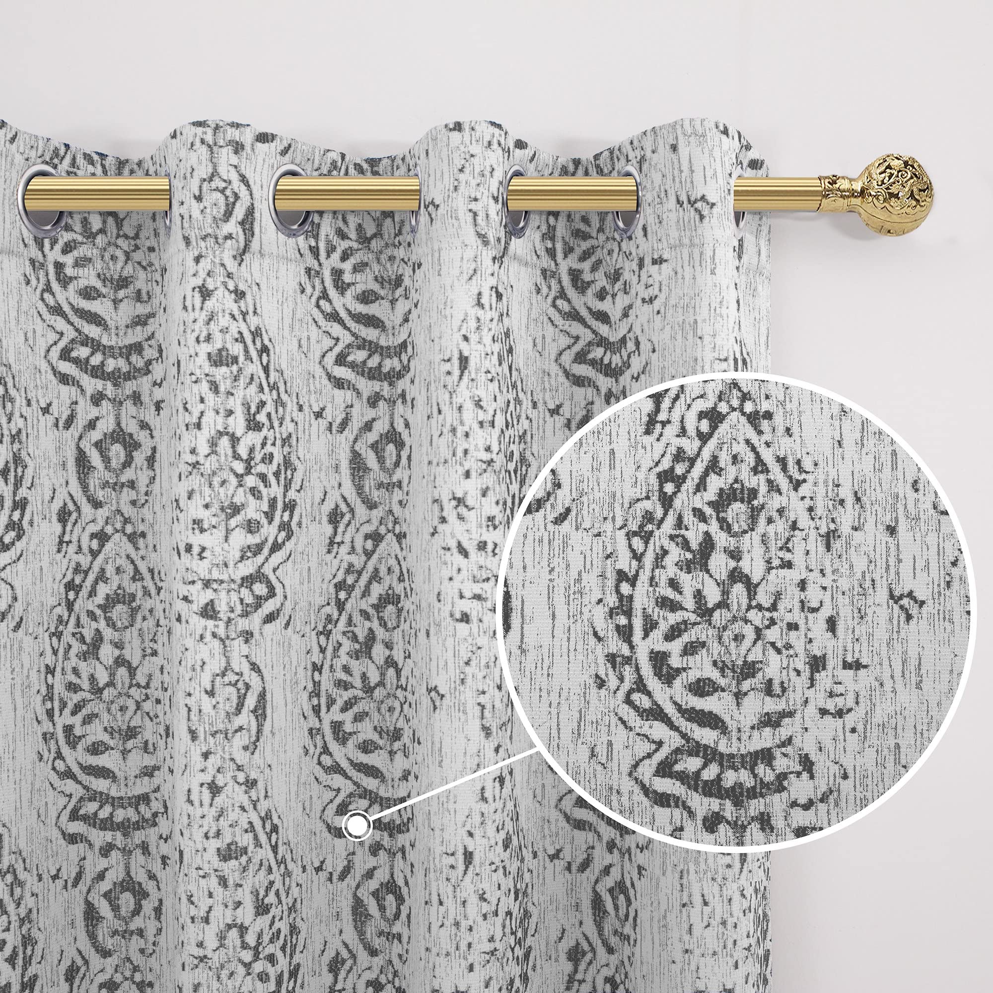 Mrs.Naturall Drapes 108 Inches Long Tall Curtains For High Ceiling Living Room 2 Panel With Damask Print Design Grommet Room Darkening Draperies For Sliding Glass Door,Grey And White