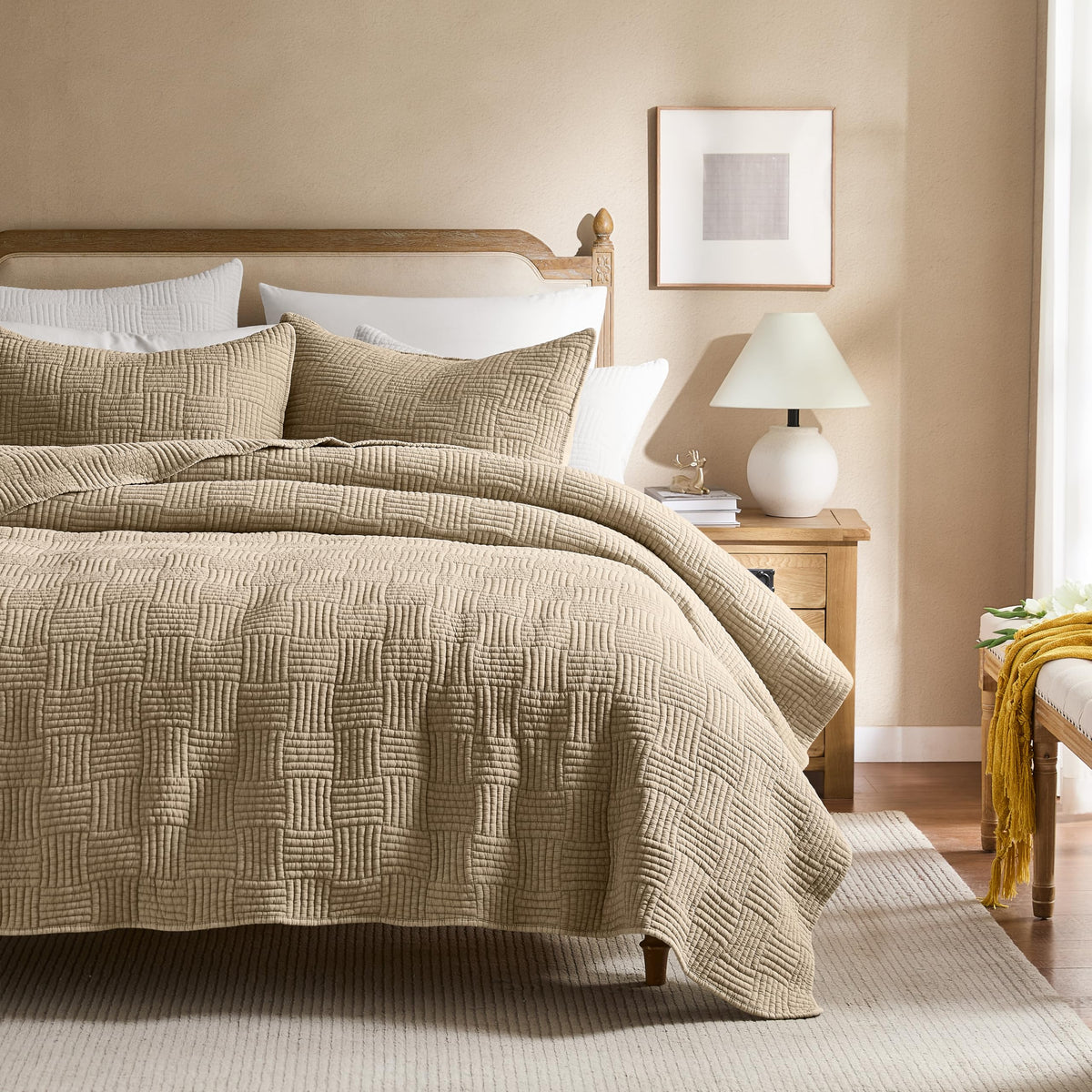 Wdcozy Beige Twin Size Quilt Set, Muslin Cotton Shell Down-Alt Poly Filling, Tan Taupe Camel Shabby Chic Rustic Farmhouse Countr
