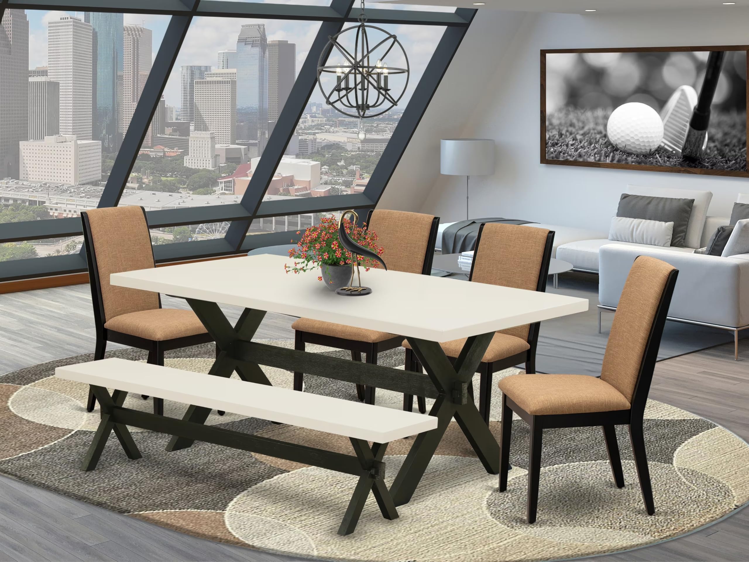 East West Furniture X627La147-6 6 Piece Dining Set Contains A Rectangle Dining Room Table With X-Legs And 4 Light Sable Linen Fabric Parson Chairs With A Bench, 40X72 Inch, Multi-Color