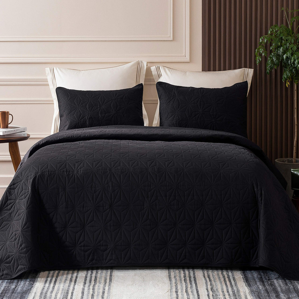 Whale Flotilla Twin Size Quilt Bedding Set, Soft Black Twin Xl Quilts Bedspreads For All Seasons, Lightweight Geometric Star Pat