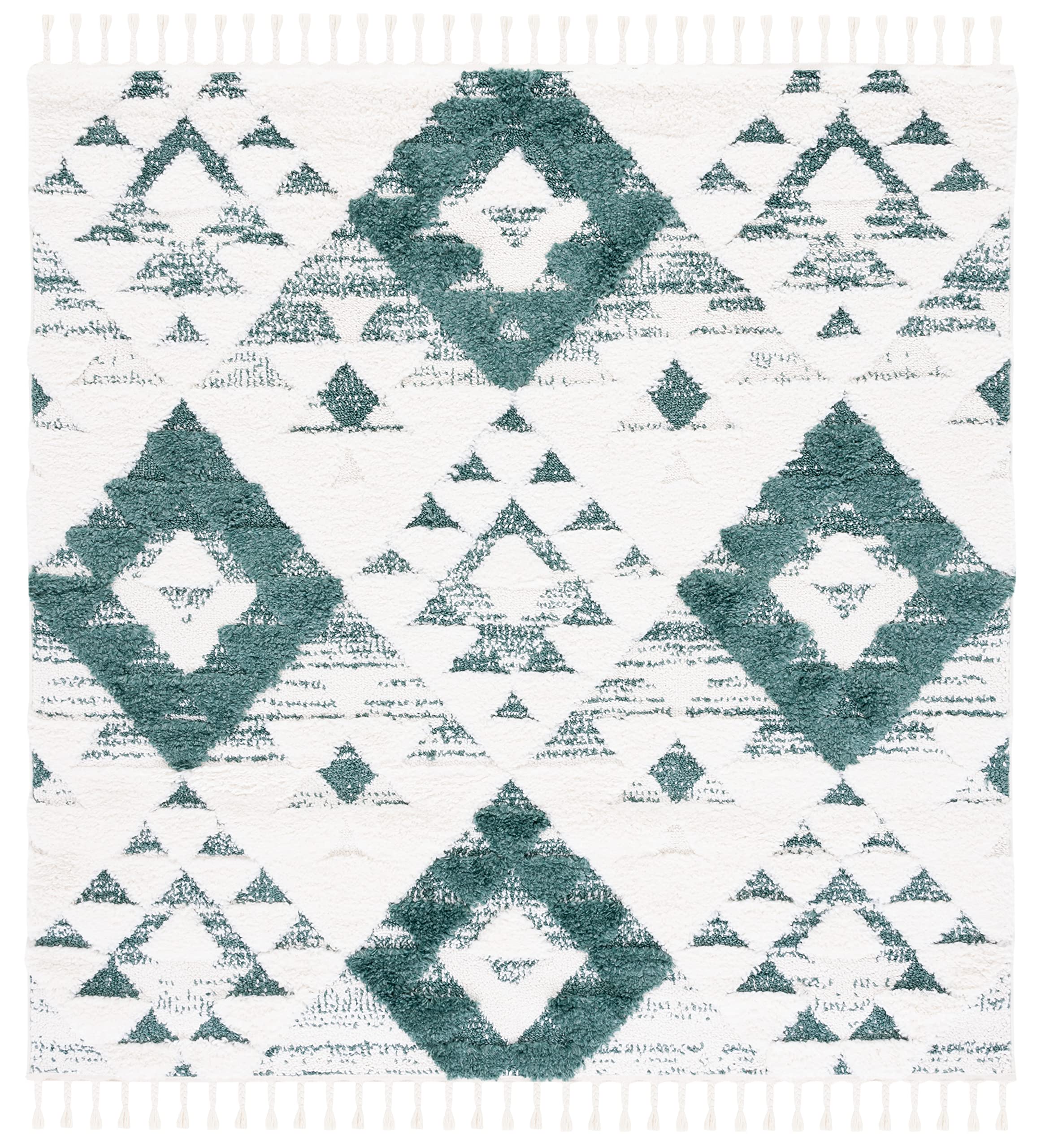 SAFAVIEH Moroccan Tassel Shag Collection Area Rug - 8 Square, Green & Ivory, Boho Design, 2-inch Thick Ideal for The Living Roo