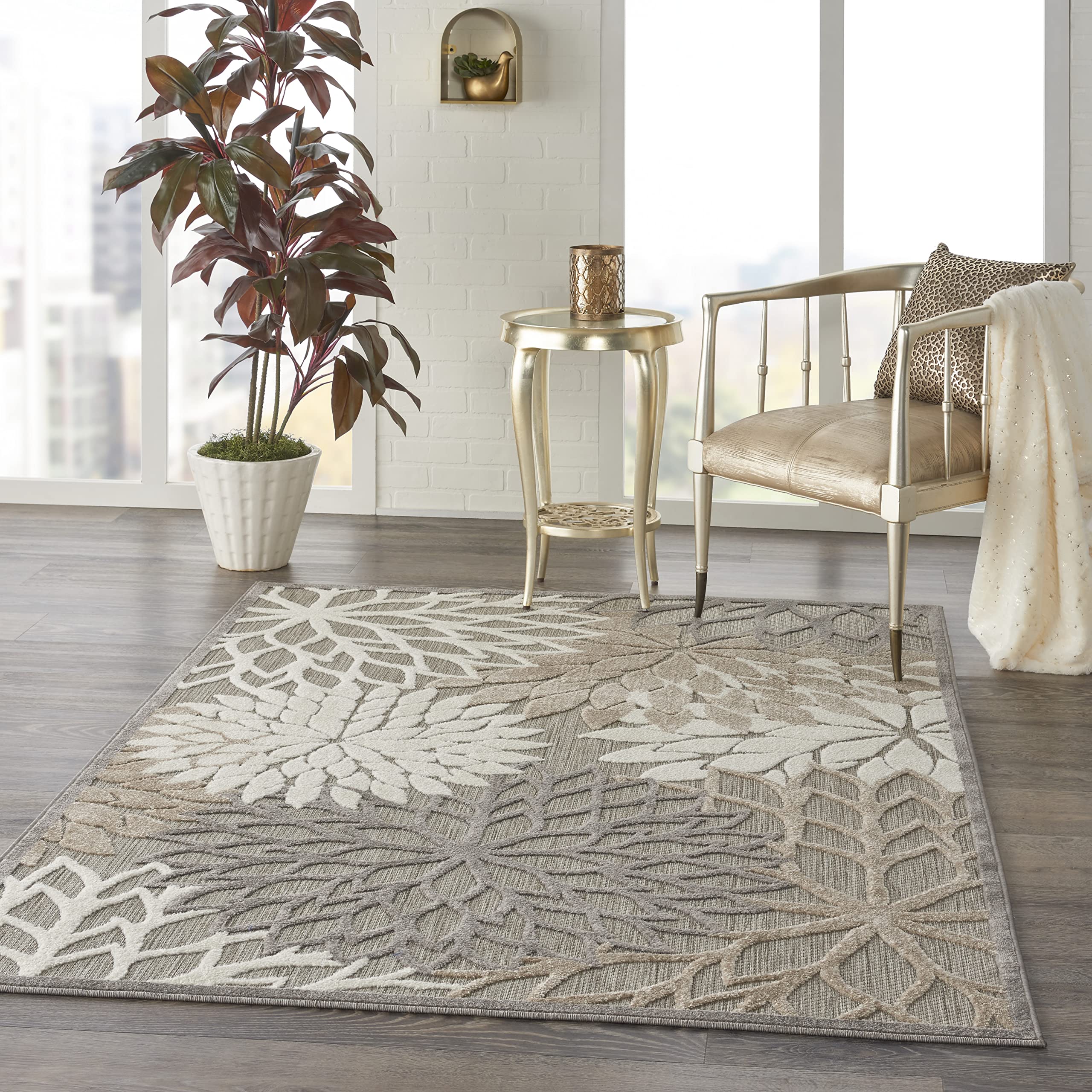 Nourison Aloha Indoor/Outdoor Area Rug 3' 6' X 5' 6', Natural, Rectangular Tropical Botanical Easy-Cleaning Non Shedding Bed Room Living Room Dining Room Deck Backyard Patio