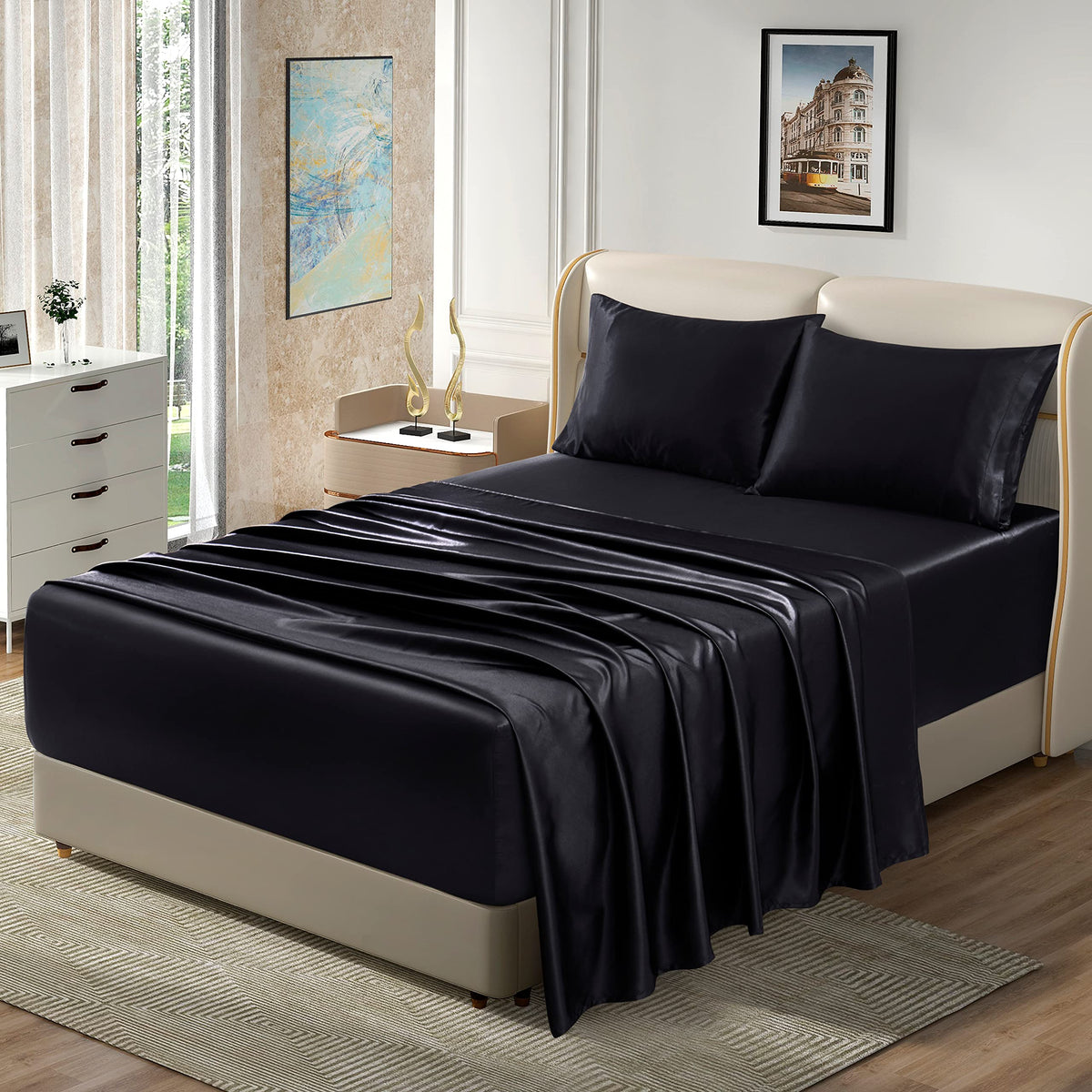 Homiest 4Pcs Extra Deep Pocket Satin Sheets King Size Bed Set, 18-24 Inch Deep Pocket Bed Sheets Black Satin Sheet Set, Silky Sa