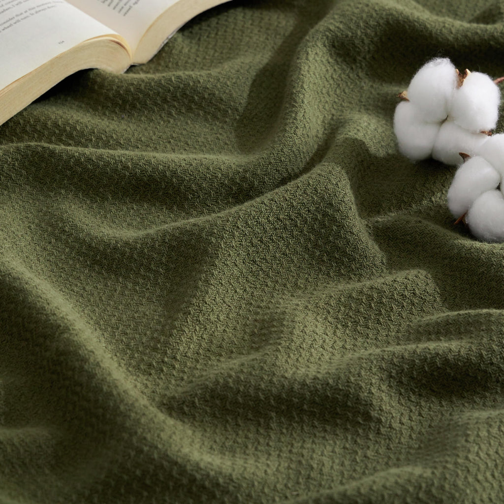 Bedsure 100% Cotton Blanket Queen Size For Bed - Breathable And Lightweight, Soft Cozy Textured Herringbone Woven Blanket For Summer Spring, Olive Green, 90X90 Inches