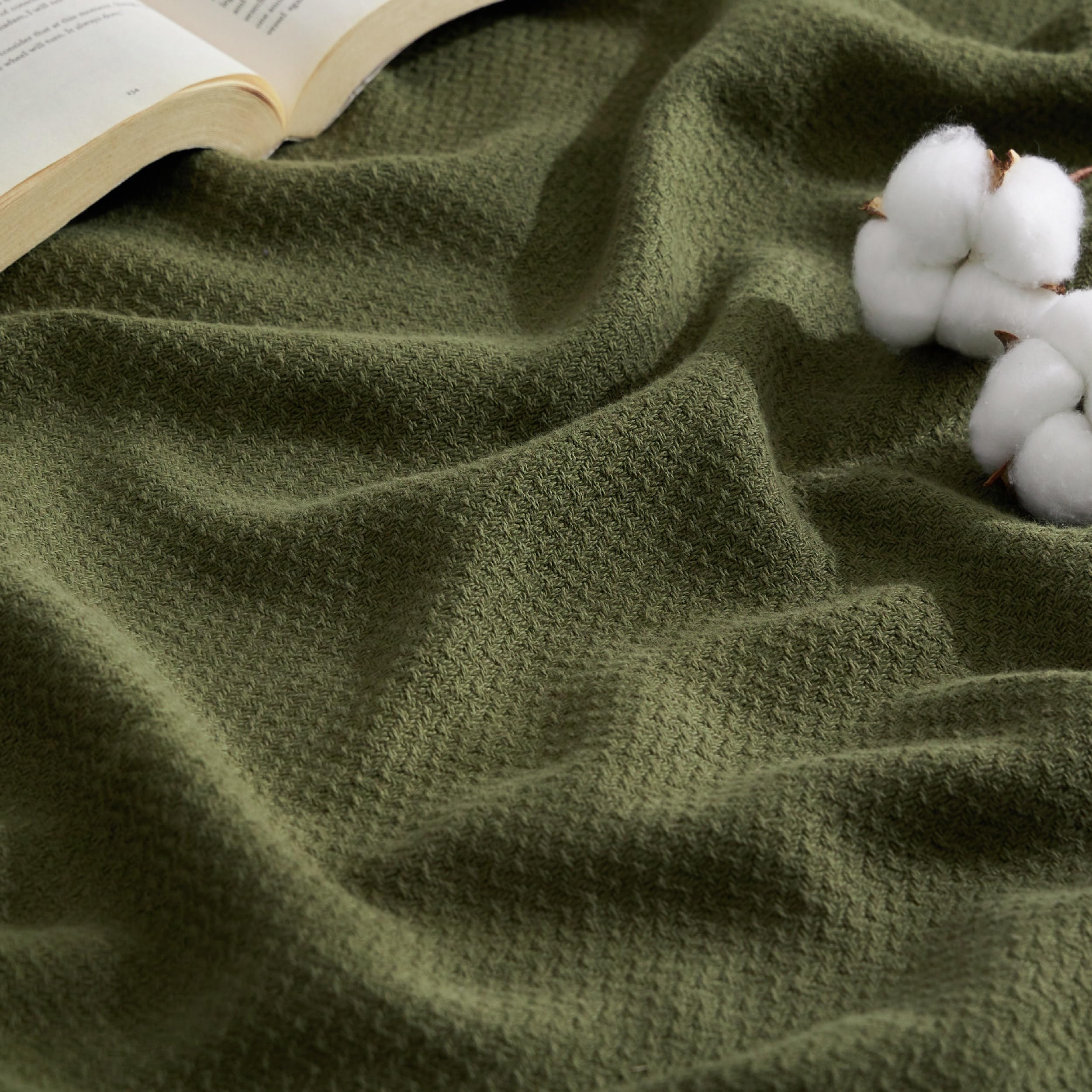 Bedsure 100% Cotton Blanket Queen Size For Bed - Breathable And Lightweight, Soft Cozy Textured Herringbone Woven Blanket For Summer Spring, Olive Green, 90X90 Inches