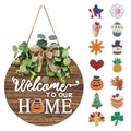 Interchangeable Seasonal Welcome Sign Front Door Decoration, Rustic Round Wood Wreaths Wall Hanging Outdoor, Farmhouse, Porch, f