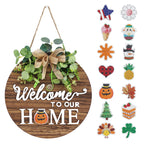 Interchangeable Seasonal Welcome Sign Front Door Decoration, Rustic Round Wood Wreaths Wall Hanging Outdoor, Farmhouse, Porch, f