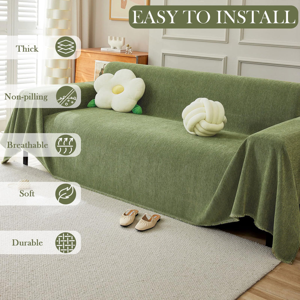 Handontime Green Sofa Cover Vintage Couch Cover For Dogs 91' X118' Couch Cushion Covers With Tassel Herringbone Sofa Cover Boho Sofa Covers For 3 Cushion Couch Chenille Soft Loveseat Sofa Covers