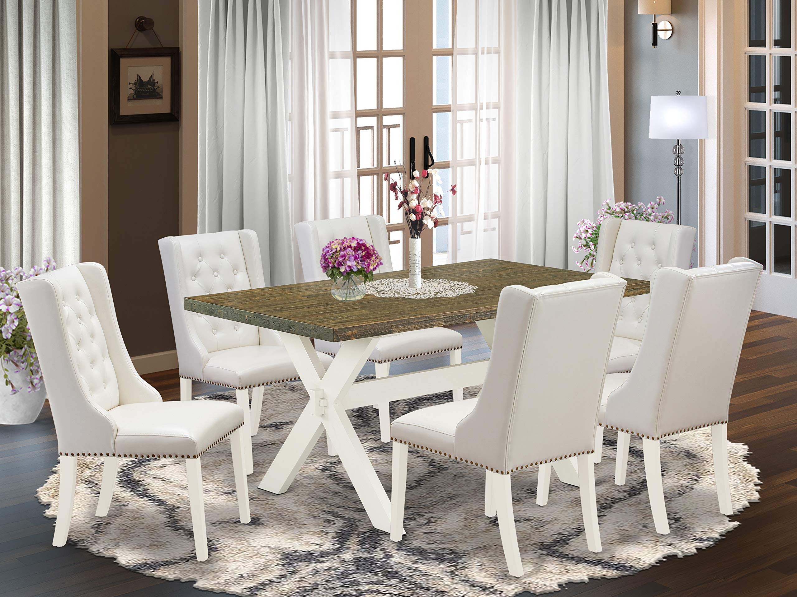 East West Furniture X-Style 7 Piece Set Consist of a Rectangle Dining Room Table with X-Legs and 6 Light Grey Faux Leather Parsons Chairs, 36x60 Inch, X076FO244-7