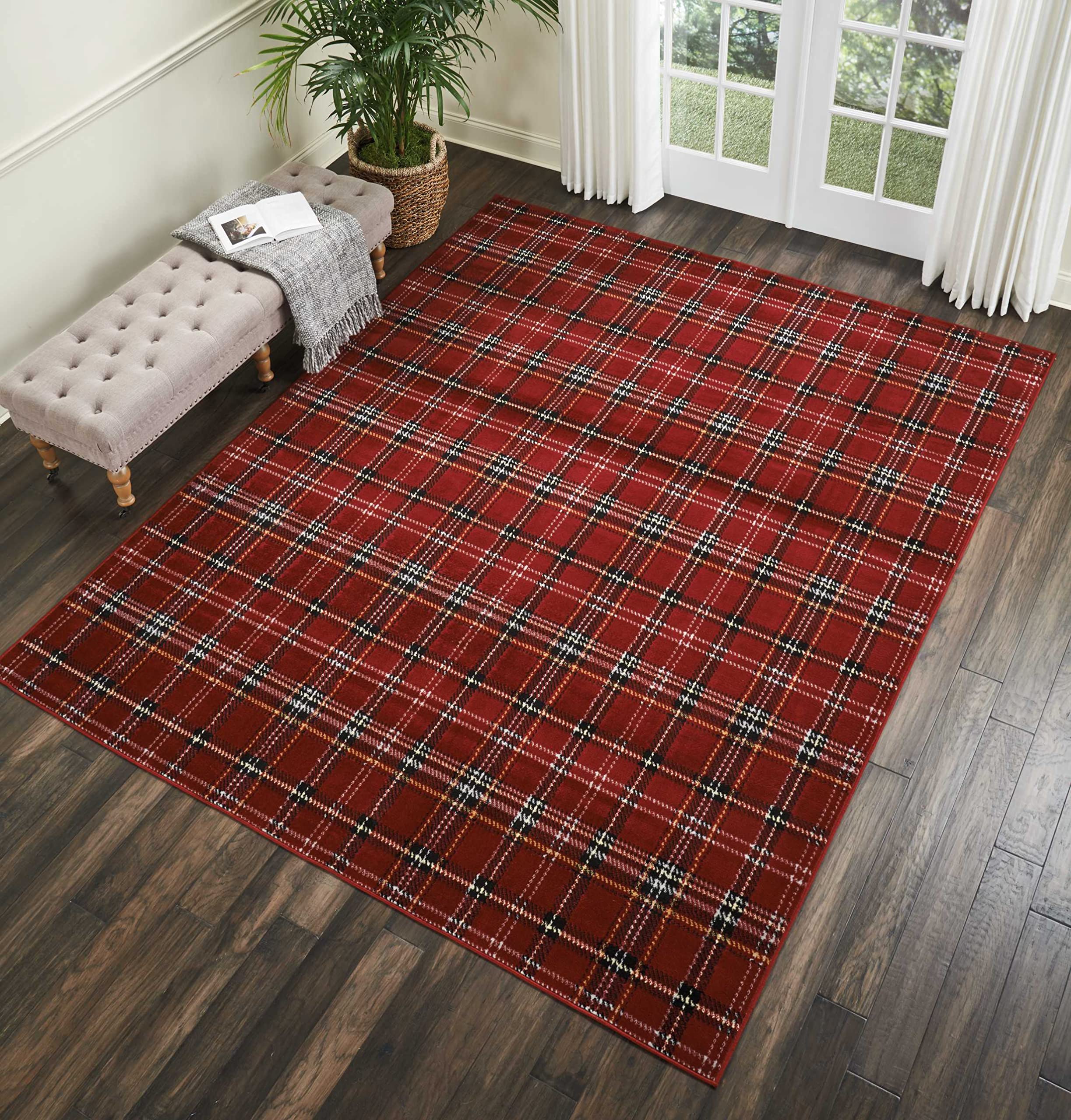 Nourison Grafix Red 710 x 910 Area-Rug, Modern, Plaid, Bed Room, Living Room, Dining Room, Kitchen, Easy-Cleaning, Non She