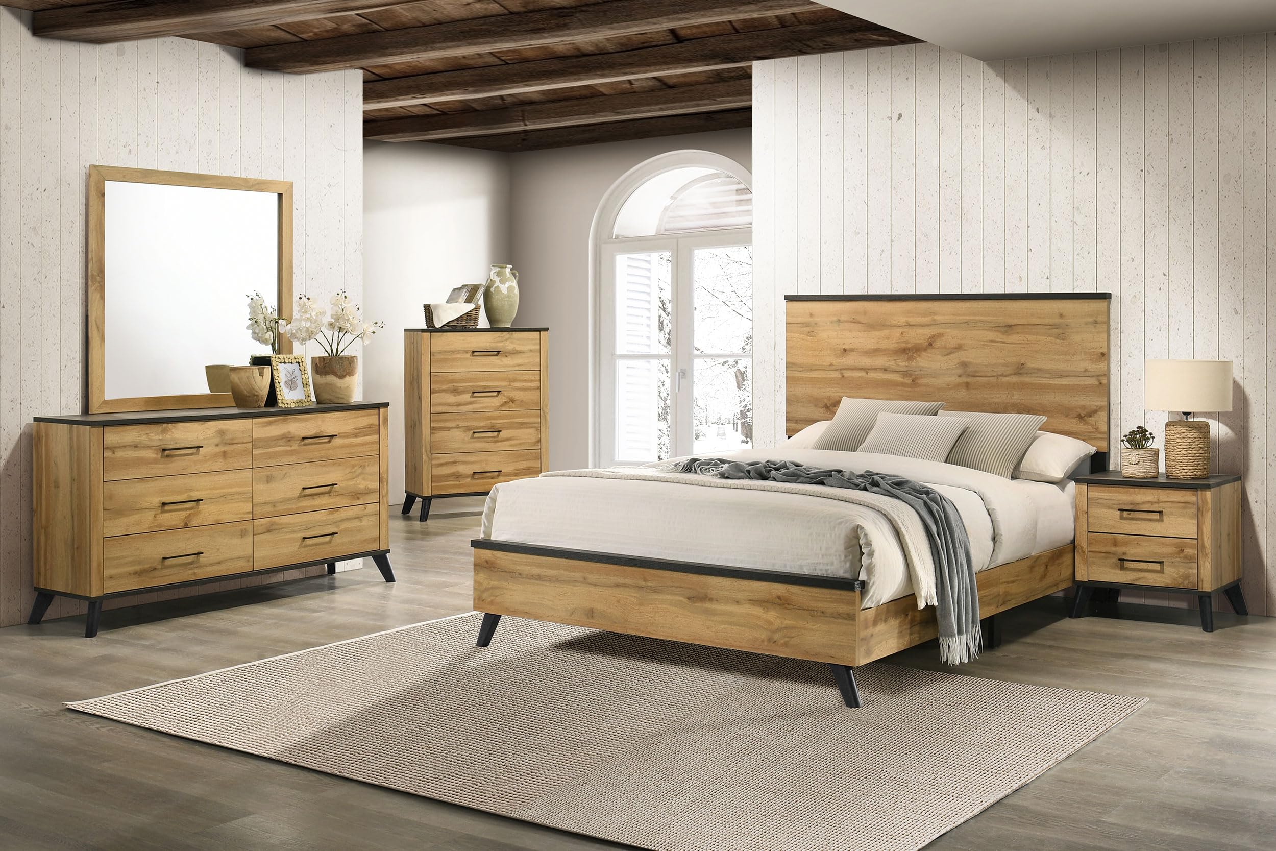 Coaster Home Furnishings Kaywood Mid-Century Modern 5-Piece Bedroom Set Eastern King Size Panel Bed Frame 52-inch Headboard Weathered Brown and Natural Pine 225001KE-S5