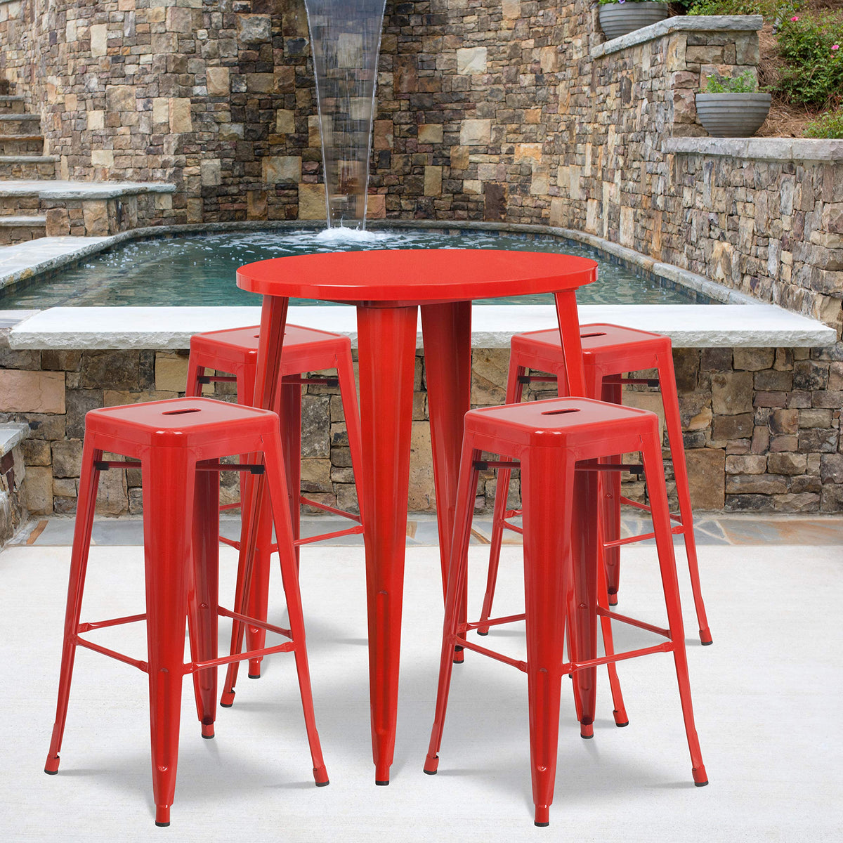 Flash Furniture Commercial Grade 30&quot; Round Red Metal Indoor-Outdoor Bar Table Set with 4 Square Seat Backless Stools