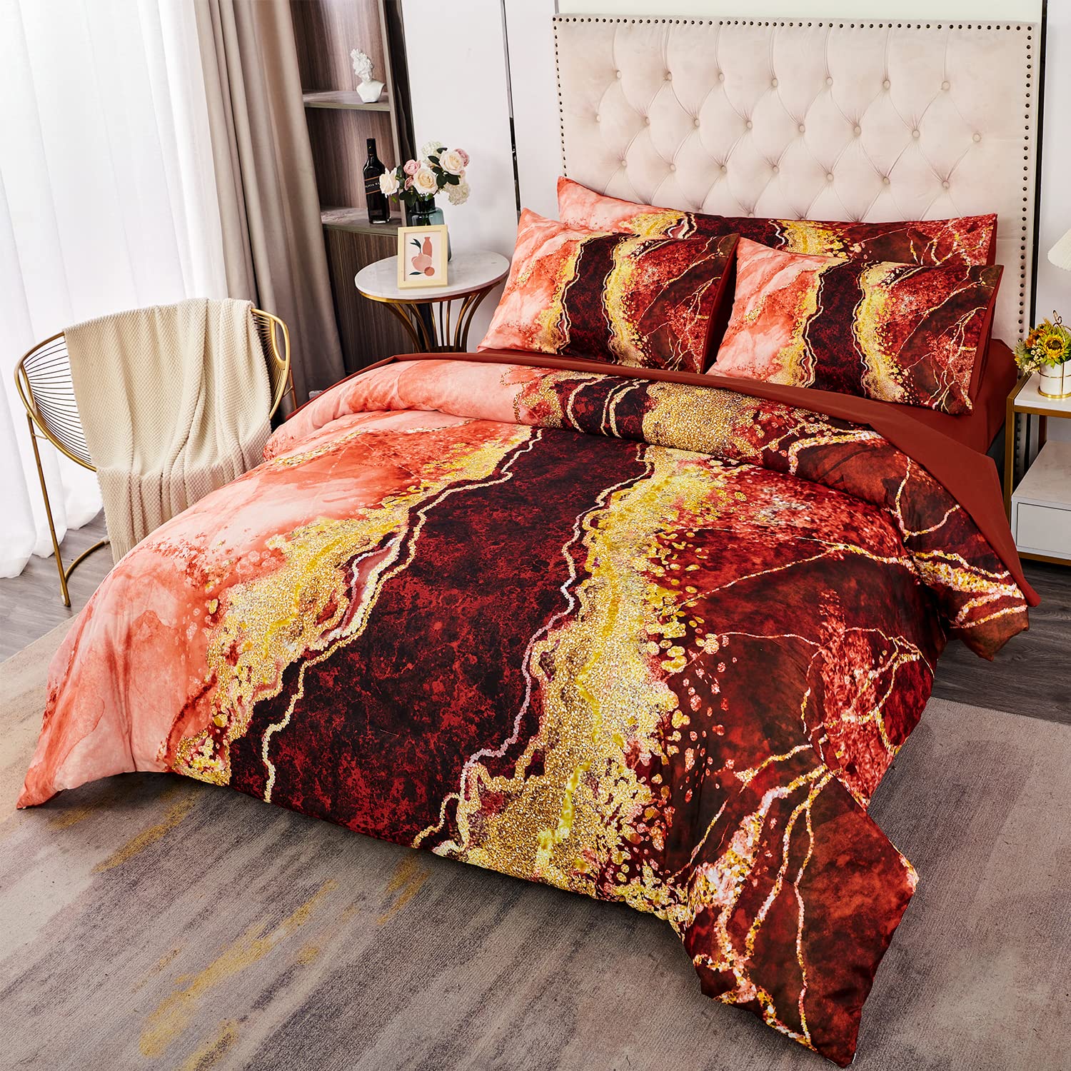 Perfemet 6 Pcs Comforter Set Queen Size Orange Watercolor Mable Printed Bedding With Comforter And Sheets Aesthetic Artwork Styl