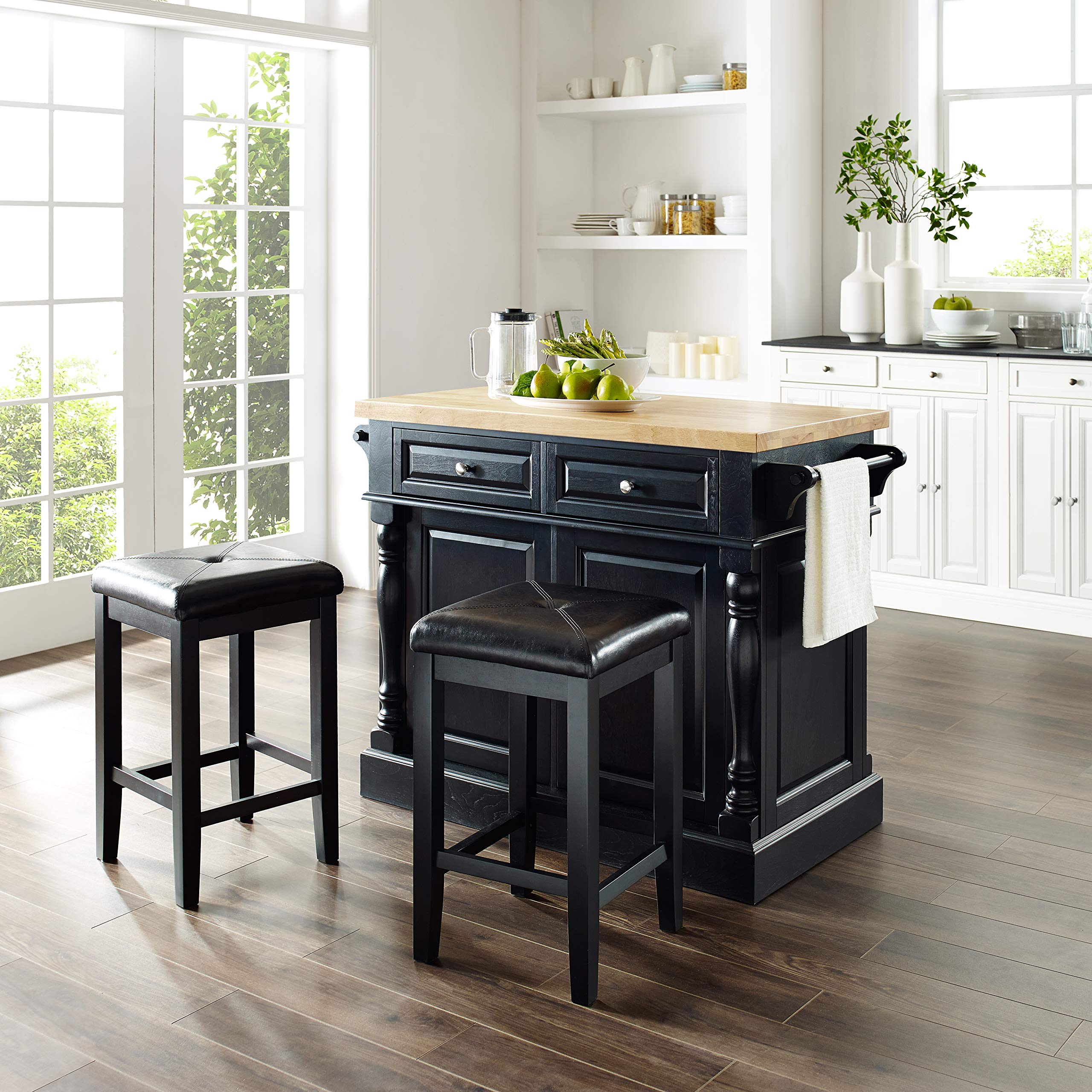 Crosley Furniture Oxford Butcher Block Kitchen Island, Coffee Bar, with a Set of 2 Square Seat Stools, Black