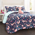 Lush Decor Pixie Fox Reversible Quilt Set, 3 Piece Set, Twin, Navy & Pink - Twin Bedding Sets For Girls - Whimsical Quilt For Ki