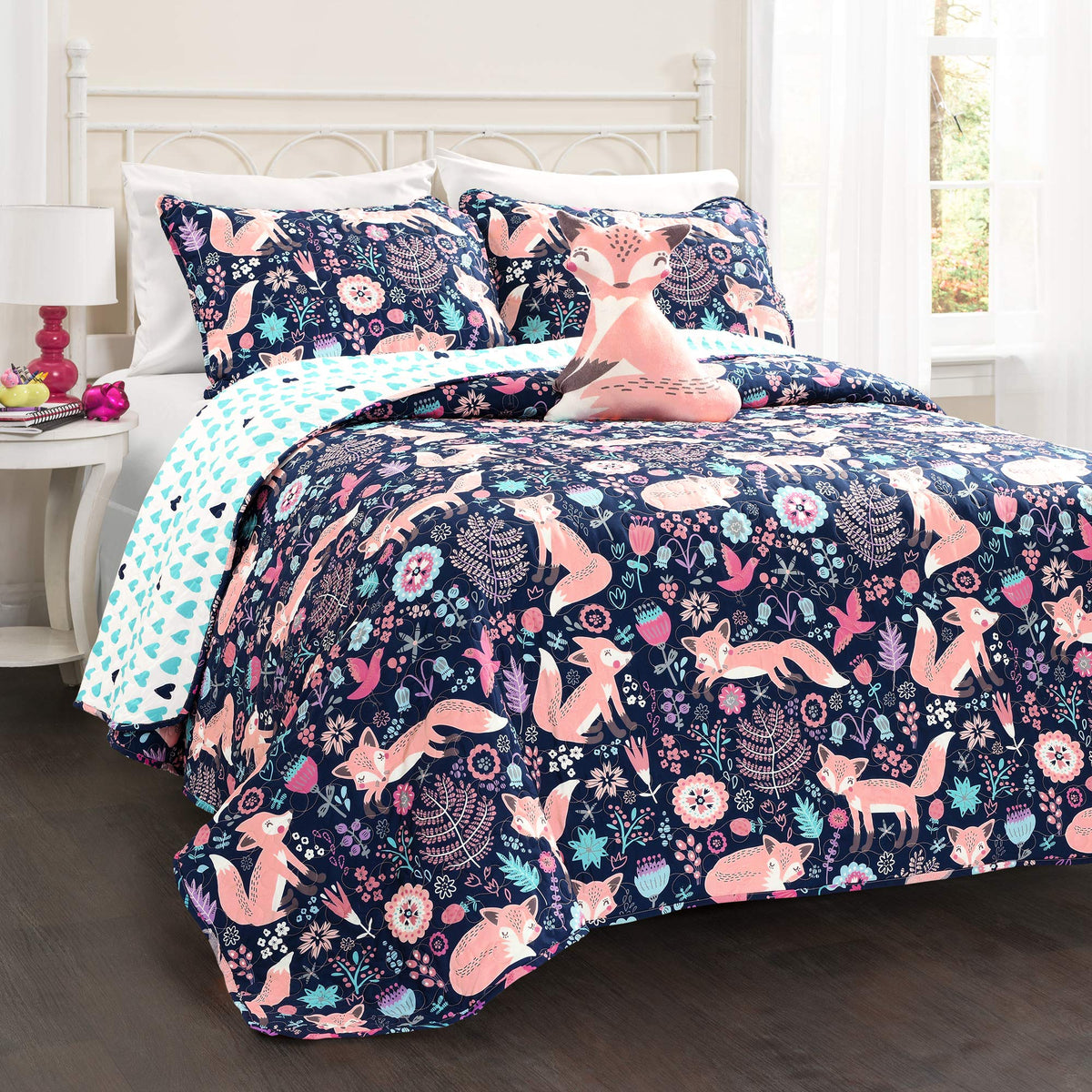 Lush Decor Pixie Fox Reversible Quilt Set, 3 Piece Set, Twin, Navy & Pink - Twin Bedding Sets For Girls - Whimsical Quilt For Ki