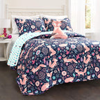 Lush Decor Pixie Fox Reversible Quilt Set, 3 Piece Set, Twin, Navy & Pink - Twin Bedding Sets For Girls - Whimsical Quilt For Ki