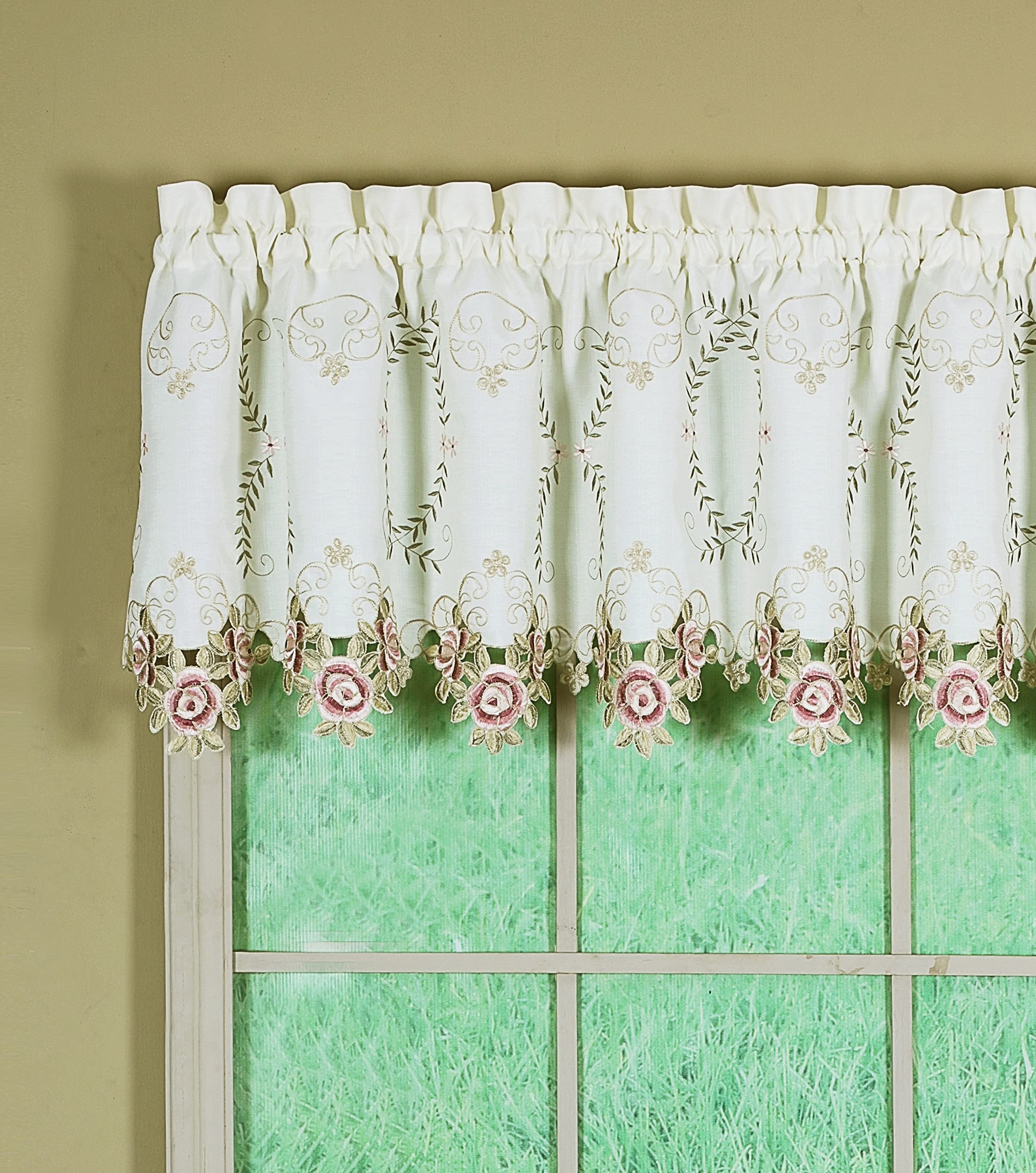 Today'S Curtain Verona Reverse Embroidery Tailored Valance, 18', Ecru/Rose