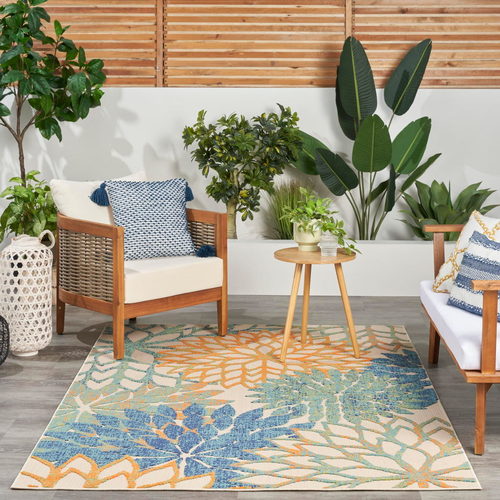Nourison Aloha Indoor Outdoor Blue Green 3'6' X 5'6' Area Rug, Easy Cleaning, Non Shedding, Bed Room, Living Room, Dining Room, Backyard, Deck, Patio (4X6)