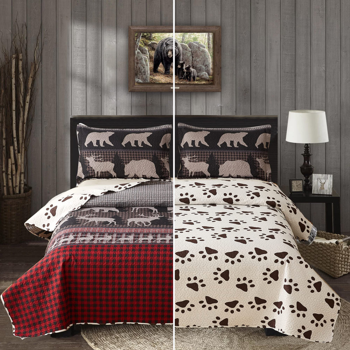 Twin Size Quilt Set Lodge Rustic Quilt Bedding Set Twin Size Bedspread Coverlet Lightweight Reversible Home Quilt Red Black Buff