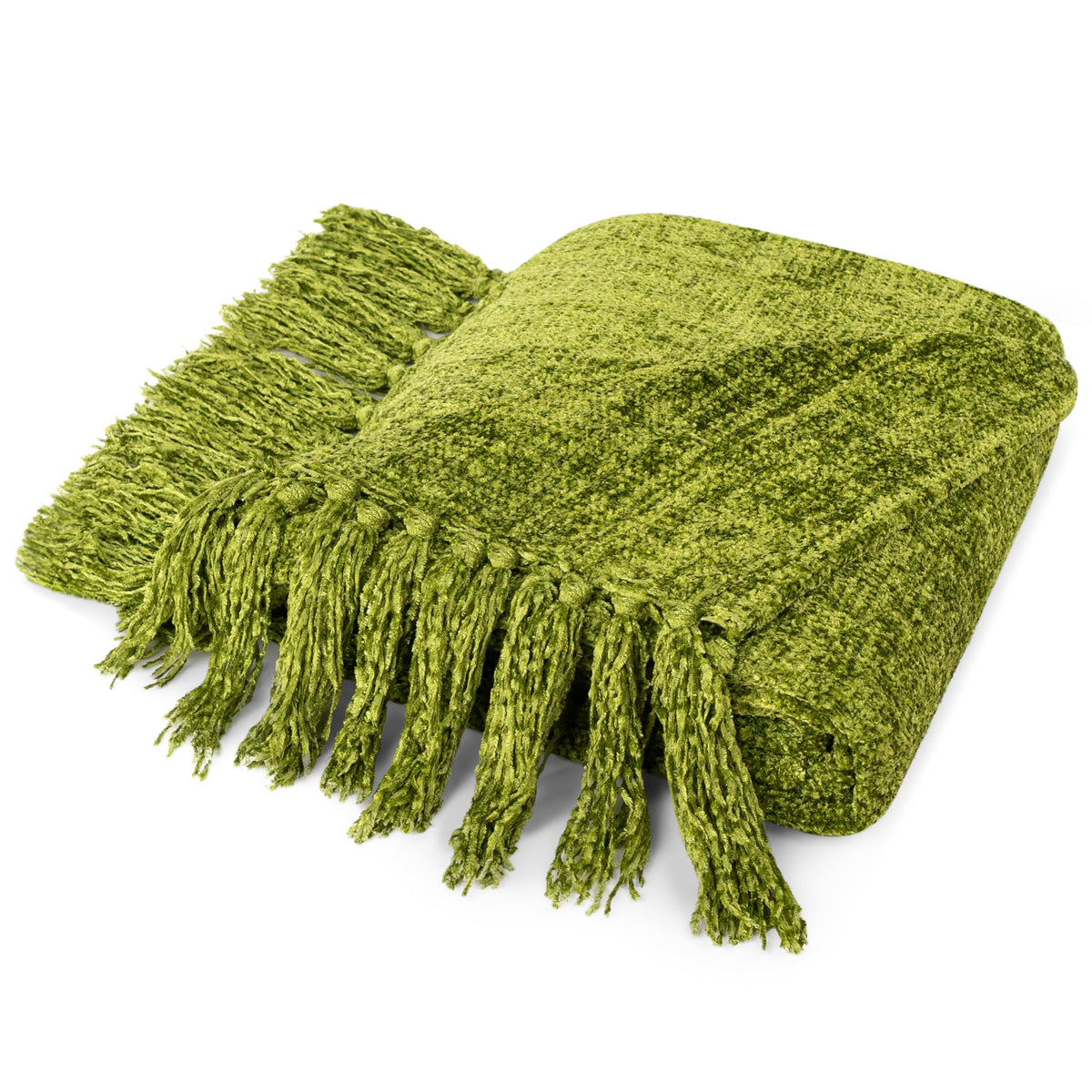 Pavilia Olive Green Throw Blanket For Couch, Twin Size Bed, Chenille Blanket For Sofa Bed, Soft Knit Woven Blanket With Tassel,