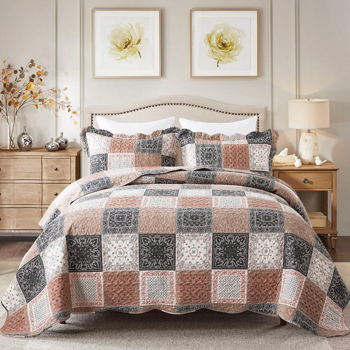 Newlake Quilt Bedspread Sets-Paisley Floral Pattern Reversible Coverlet Set,King Size