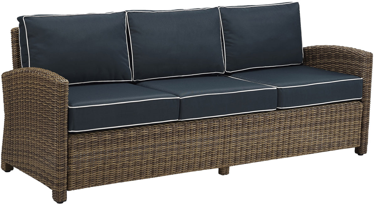 Crosley Furniture Bradenton Wicker Outdoor Sofa, 3-Person Patio Couch for Porch, Deck, Backyard, Brown with Navy Cushions