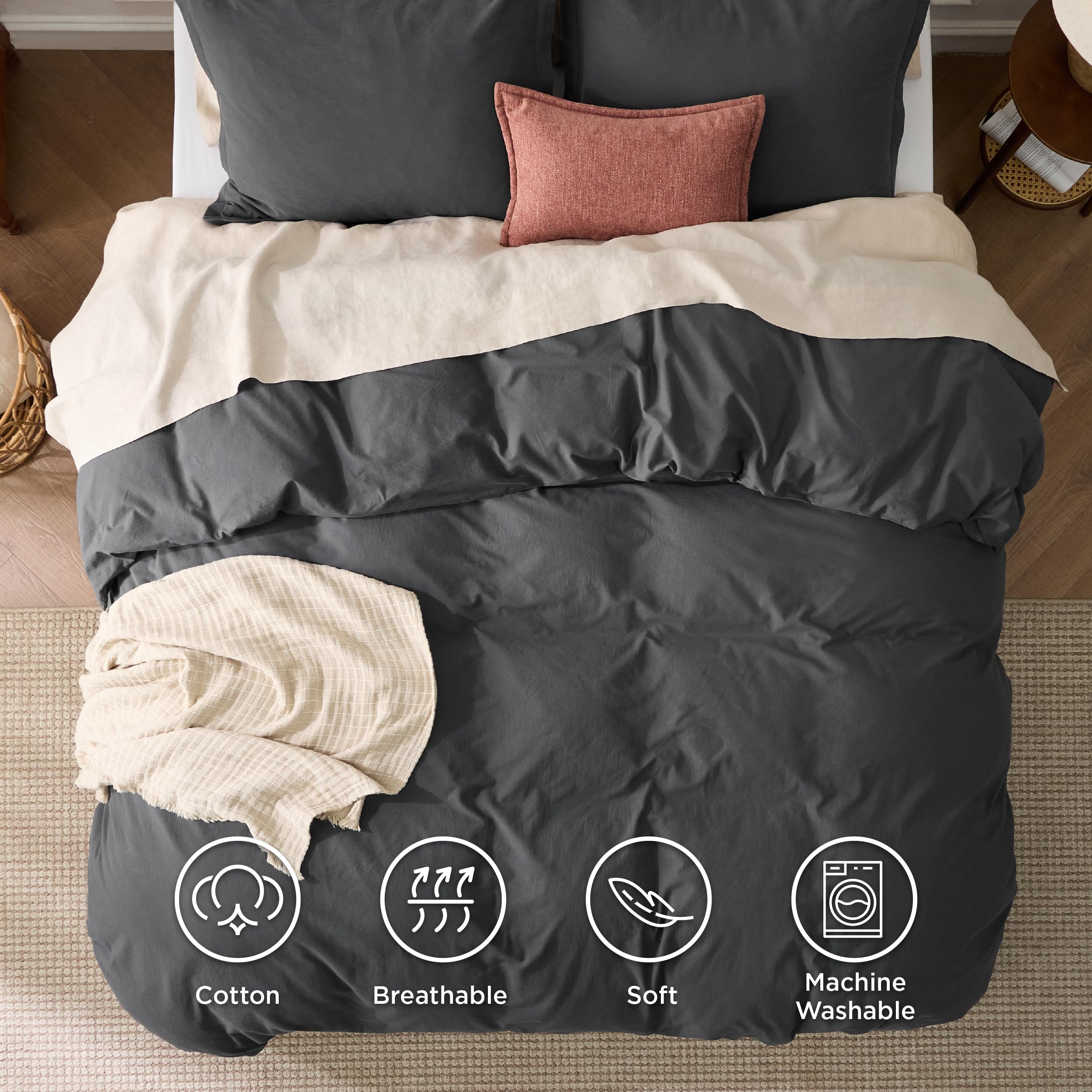 Bedsure 100% Stone Washed Cotton Duvet Cover Queen - Charcoal Minimalist Cotton Duvet Cover Linen Like - 3 Pieces Gentlesoft™ Plain Simple Bedding Set With 2 Pillow Shams (Charcoal, Queen, 90'X90')