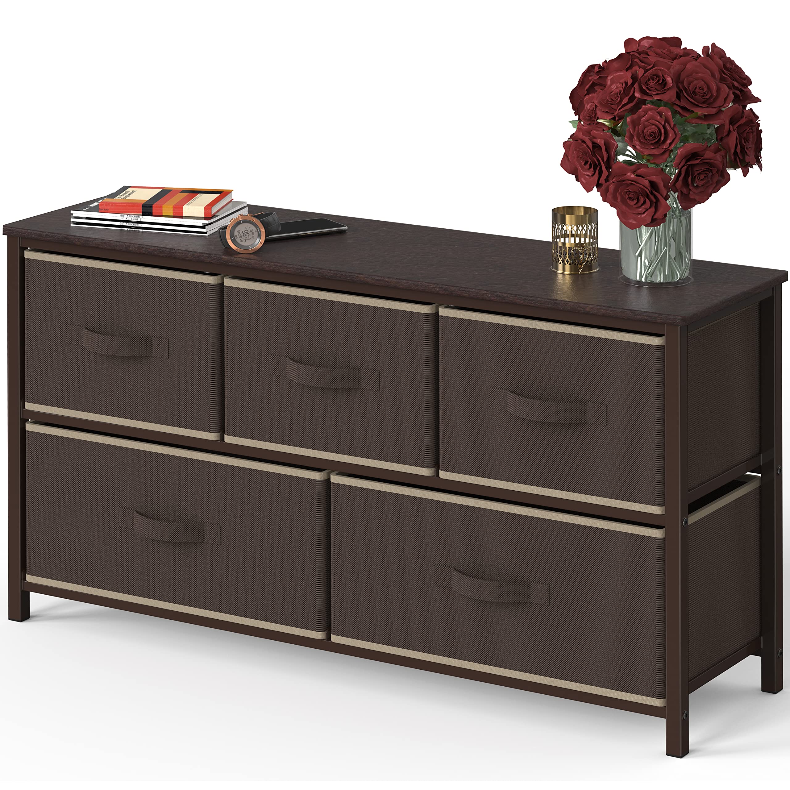 Simple Houseware Wide Dresser for Bedroom with 5 Storage Organizer Drawers, Brown