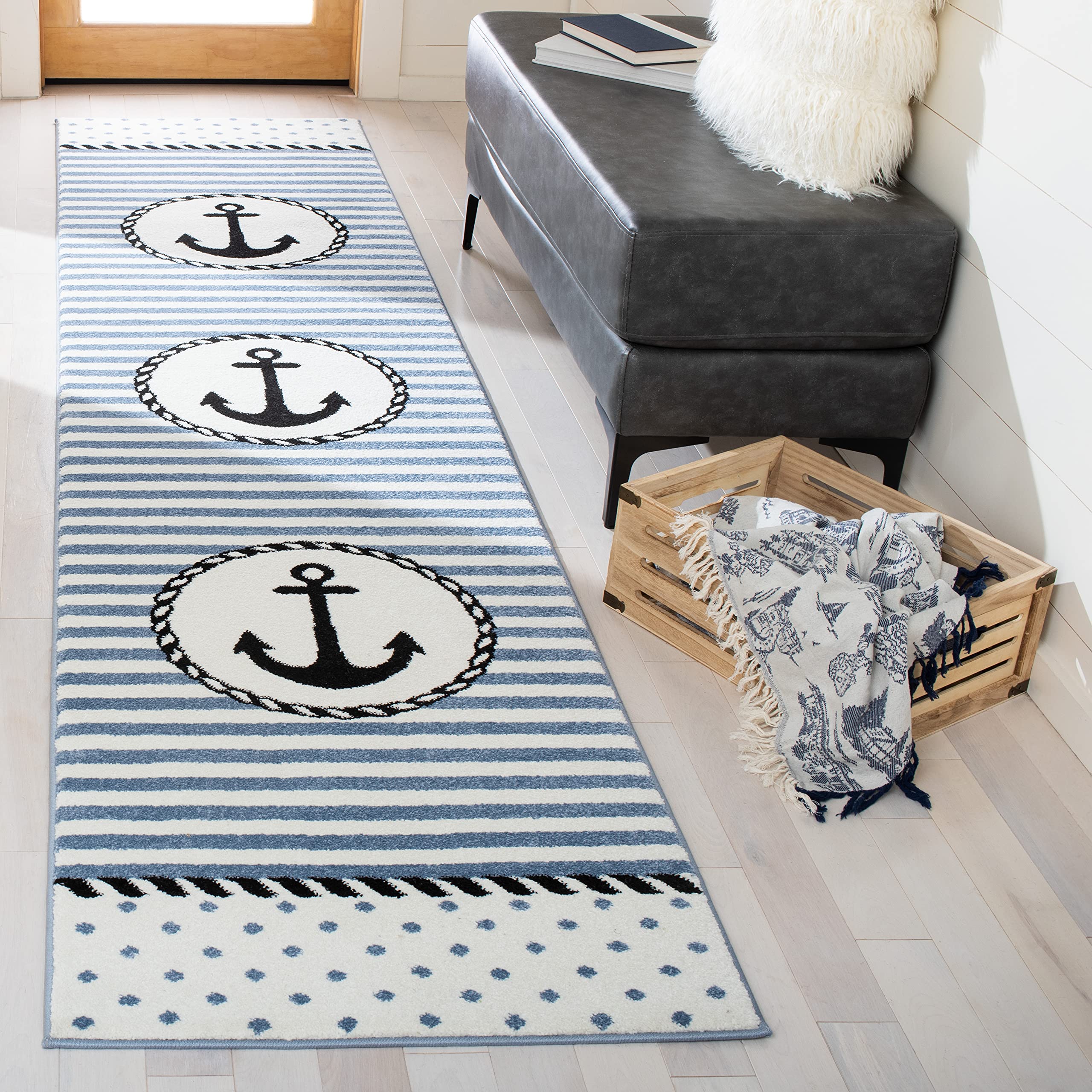 SAFAVIEH Carousel Kids Collection Runner Rug - 2 x 8, Ivory & Navy, Non-Shedding & Easy Care, Ideal for High Traffic Areas for