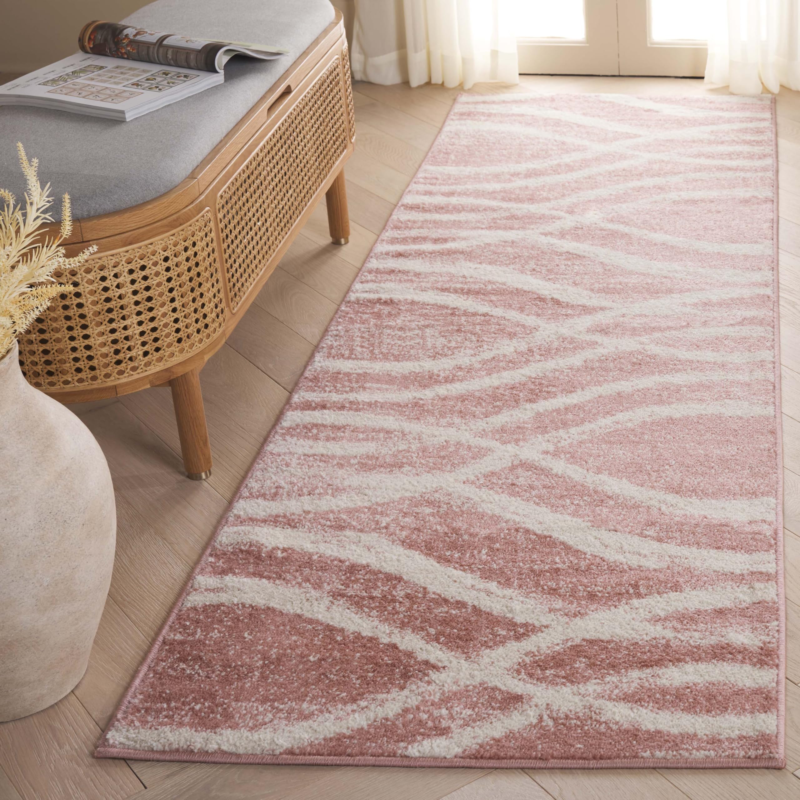 SAFAVIEH Adirondack Collection Runner Rug - 26 x 12, Rose & Cream, Modern Wave Distressed Design, Non-Shedding & Easy Care, Id