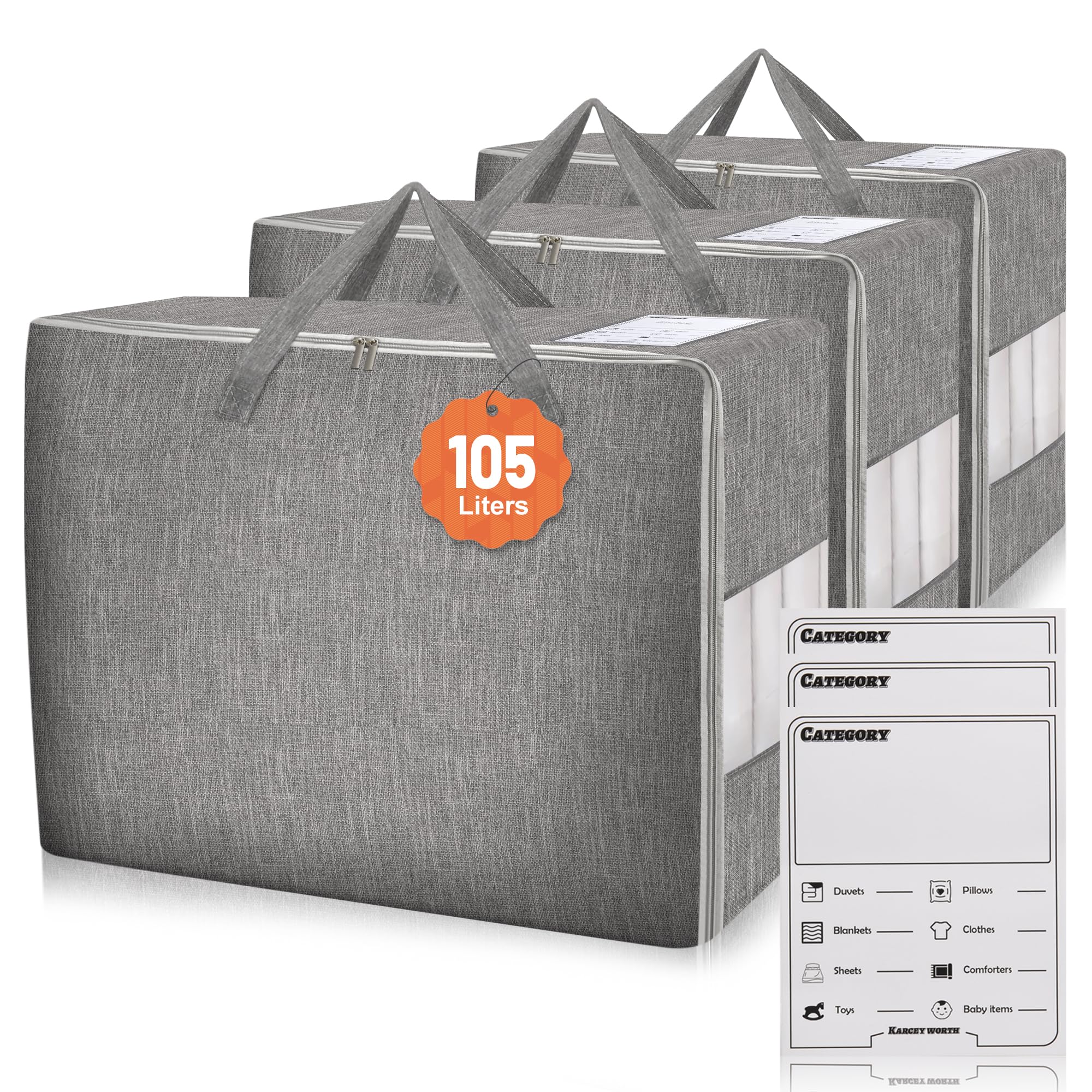 Karceyworth 3 Pack 105L Comforter Storage Bags, Extra Large Bedding Storage Bags with Card and Clear Window, Reinforced Handles 
